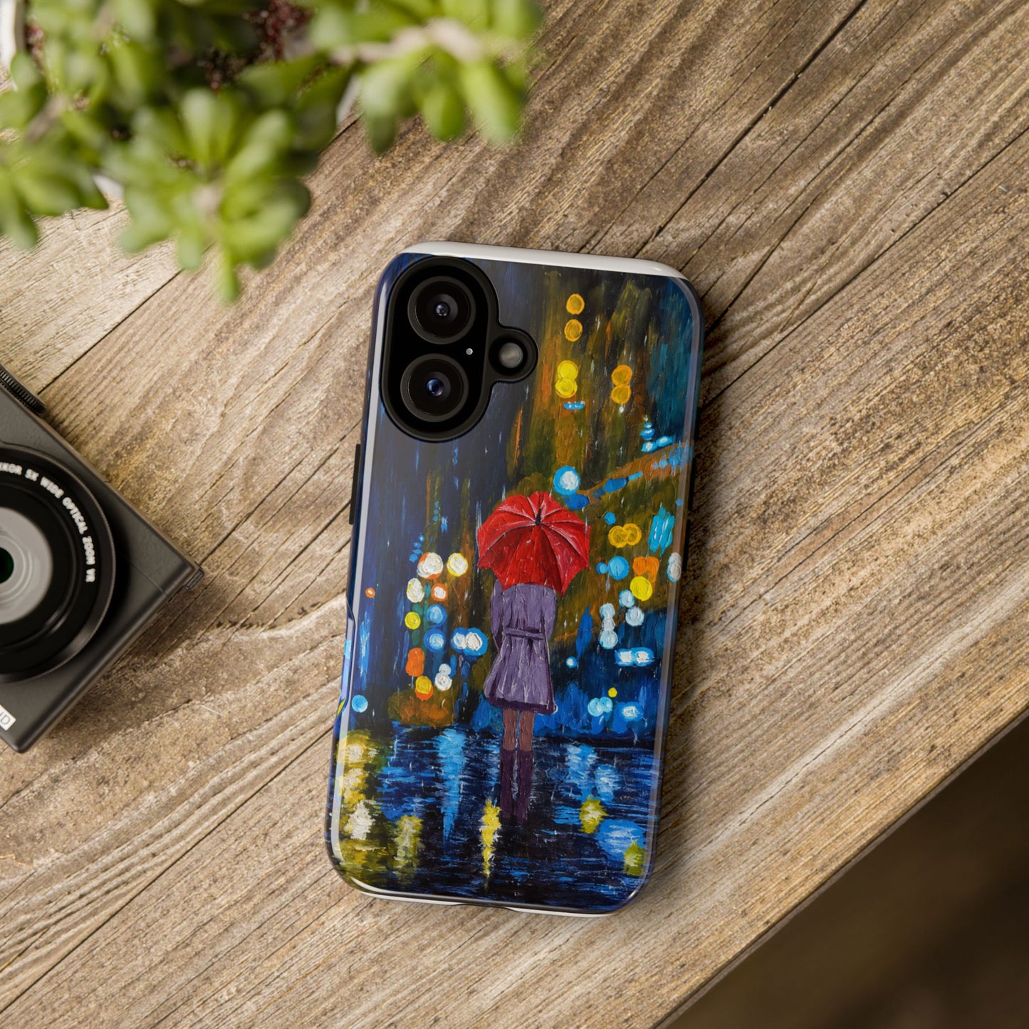 Rainy Night Phone Case — Woman with Red Umbrella Art