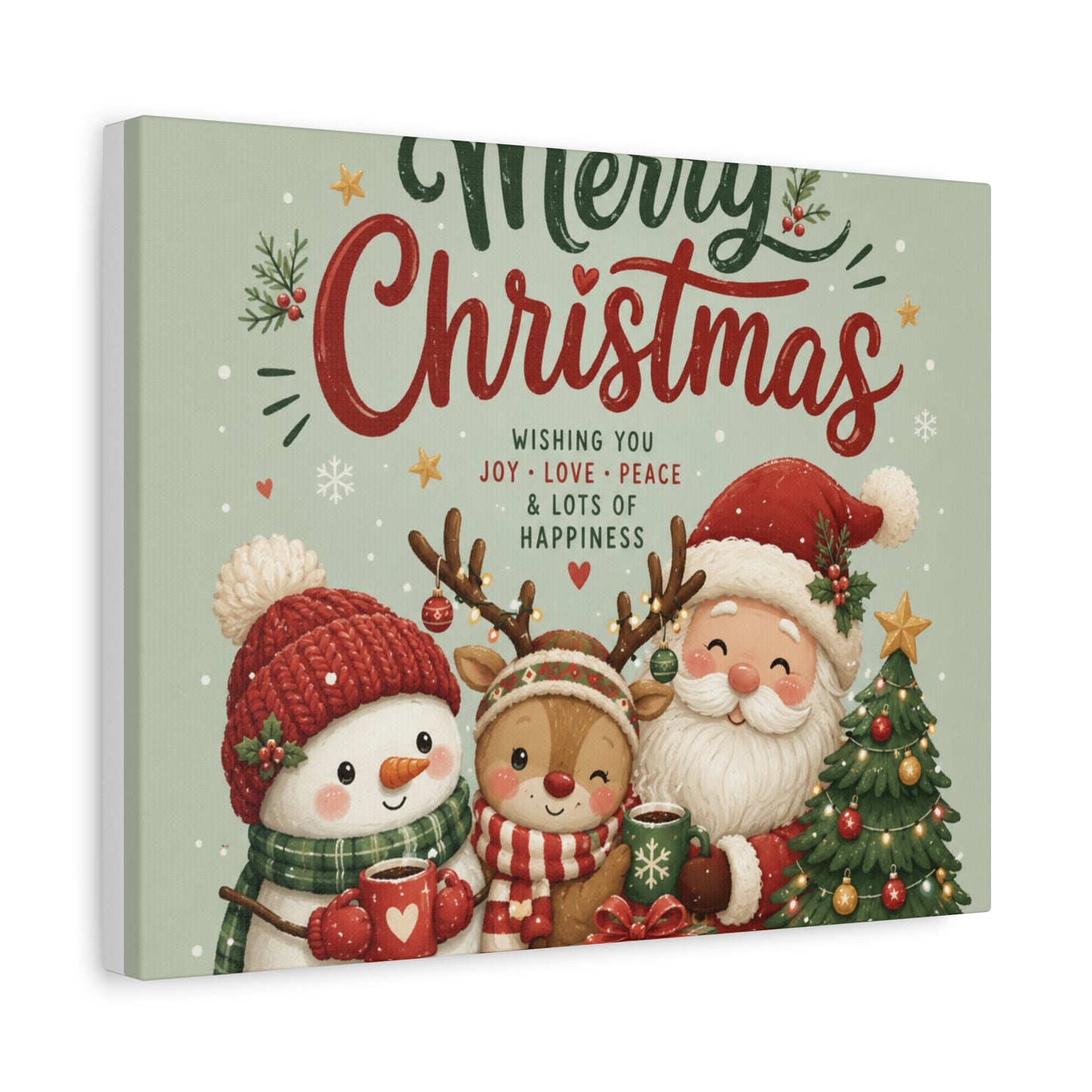 Merry Christmas Canvas Wall Art – Cute Santa, Snowman & Reindeer Holiday Print