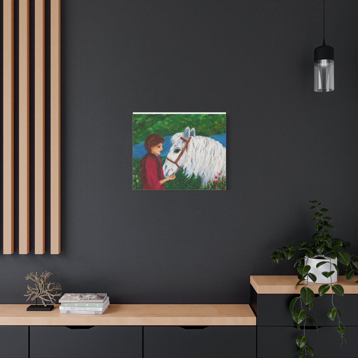 Serenity by the River — Woman with White Horse Stretched Wall Art