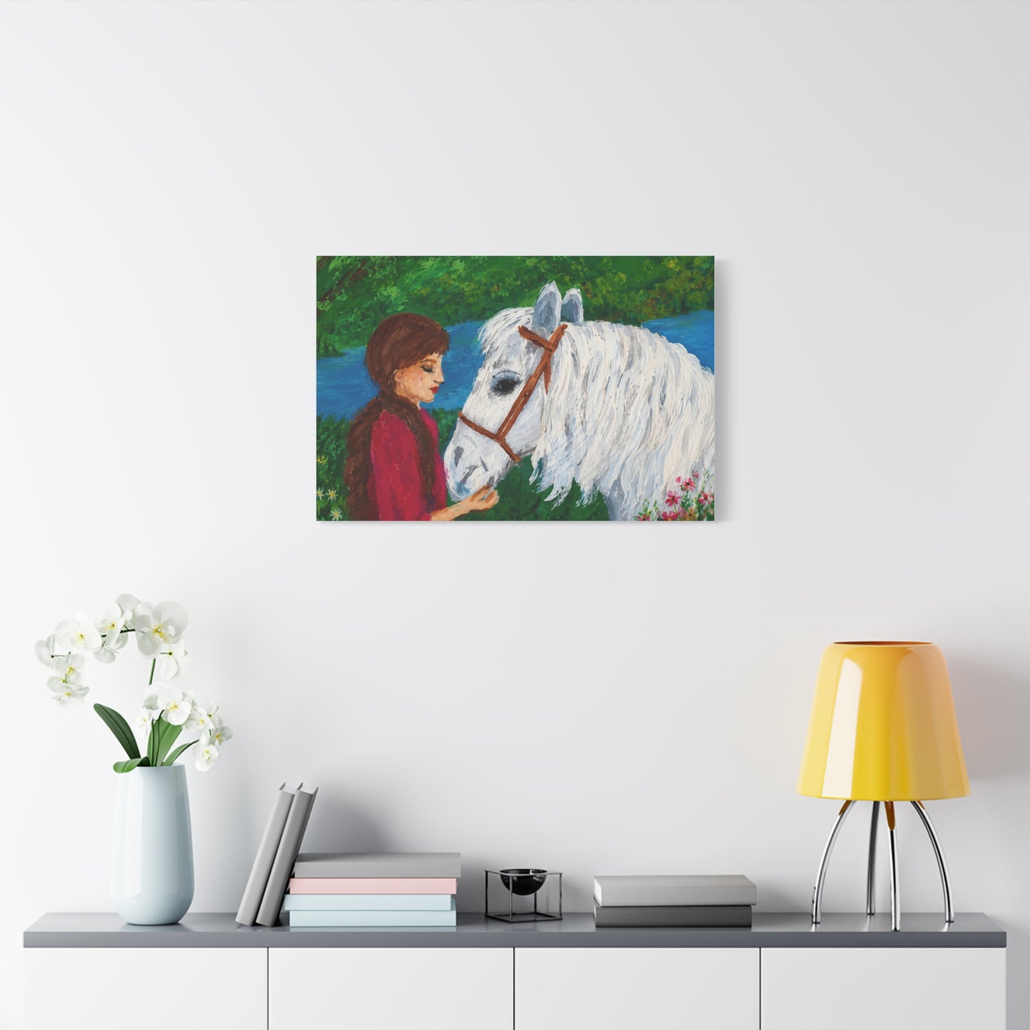 Serenity by the River — Woman with White Horse Stretched Wall Art