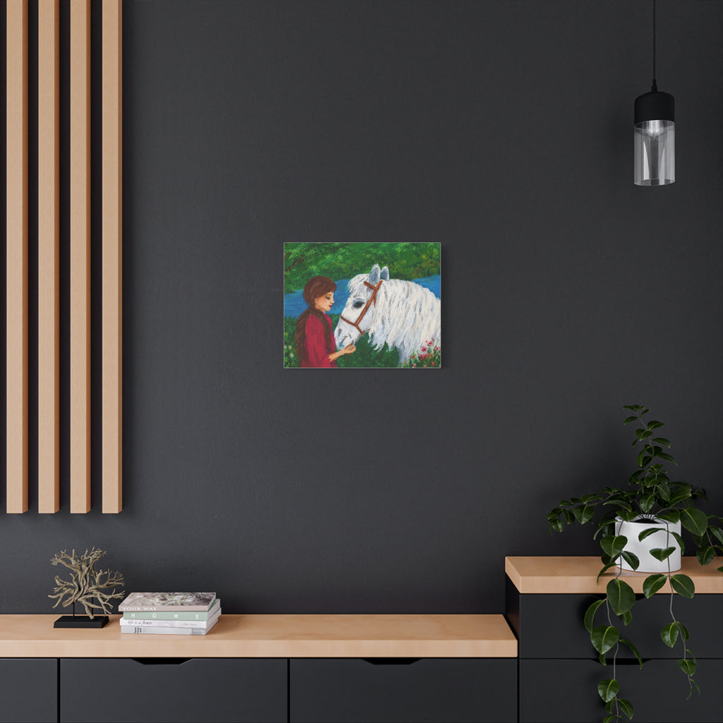 Serenity by the River — Woman with White Horse Stretched Wall Art