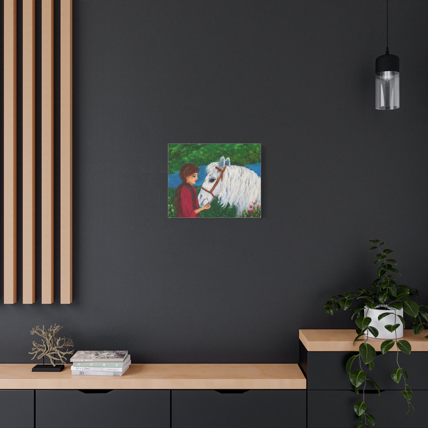 Serenity by the River — Woman with White Horse Stretched Wall Art