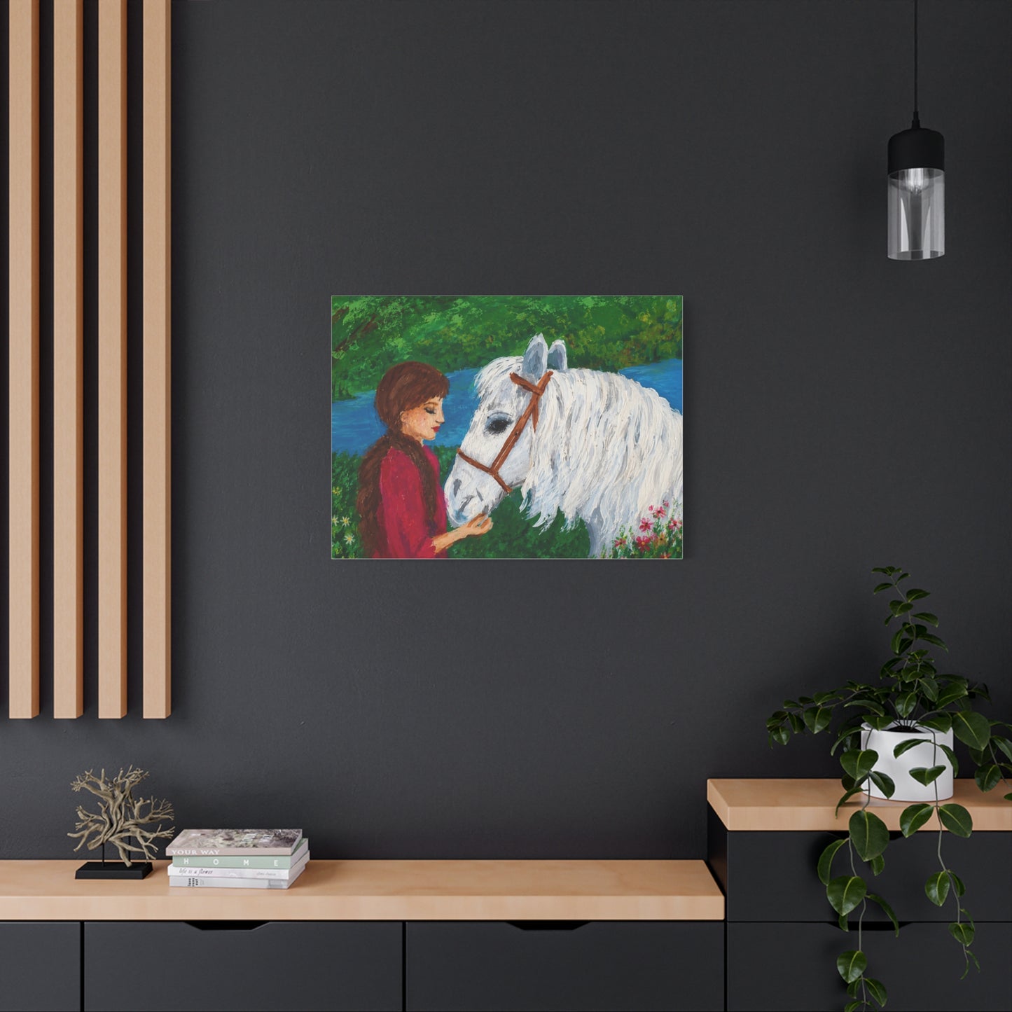 Serenity by the River — Woman with White Horse Stretched Wall Art