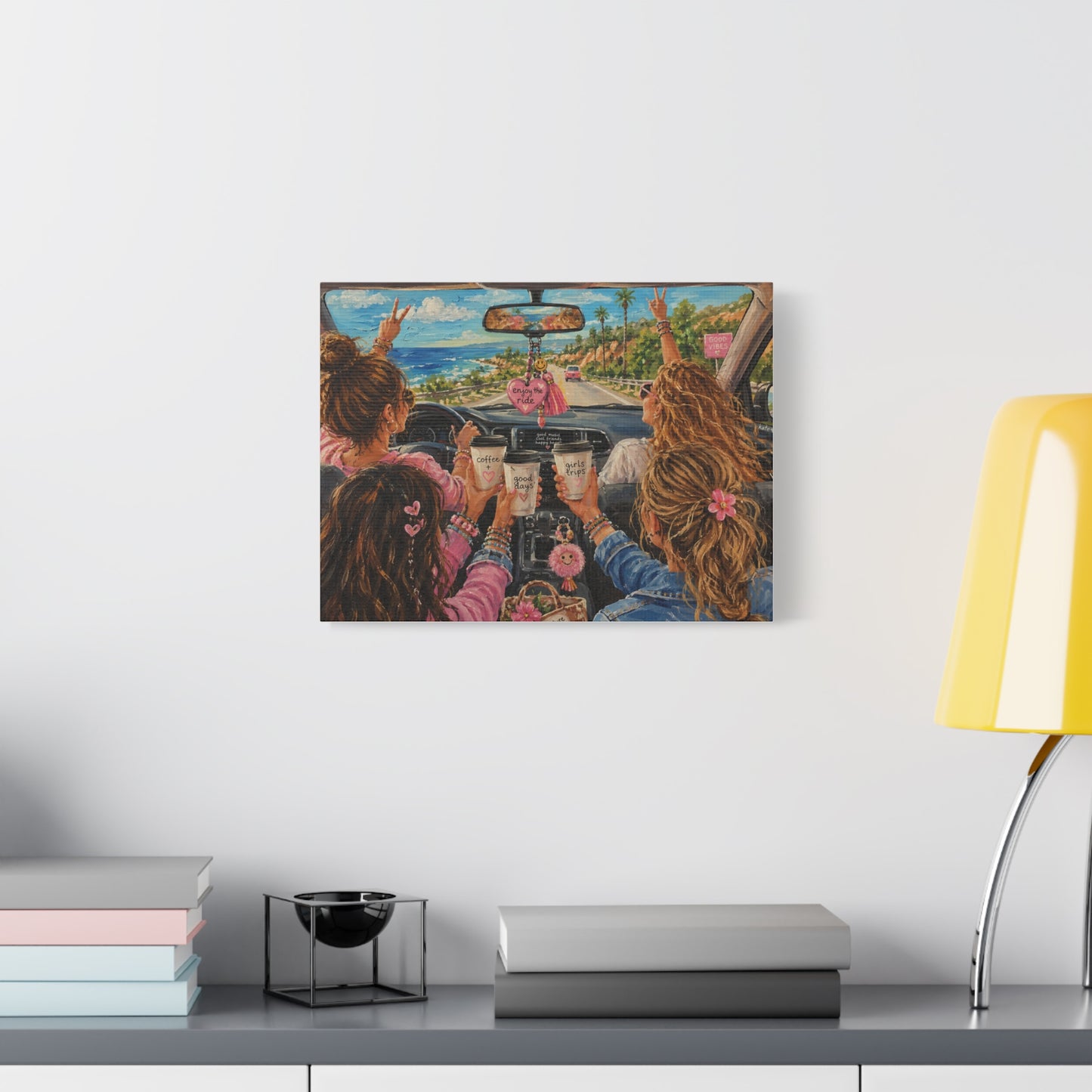 Girls' Beach Road Trip Canvas Wall Art – Colorful Acrylic Painting of Best Friends, Coffee Drive & Coastal Adventure