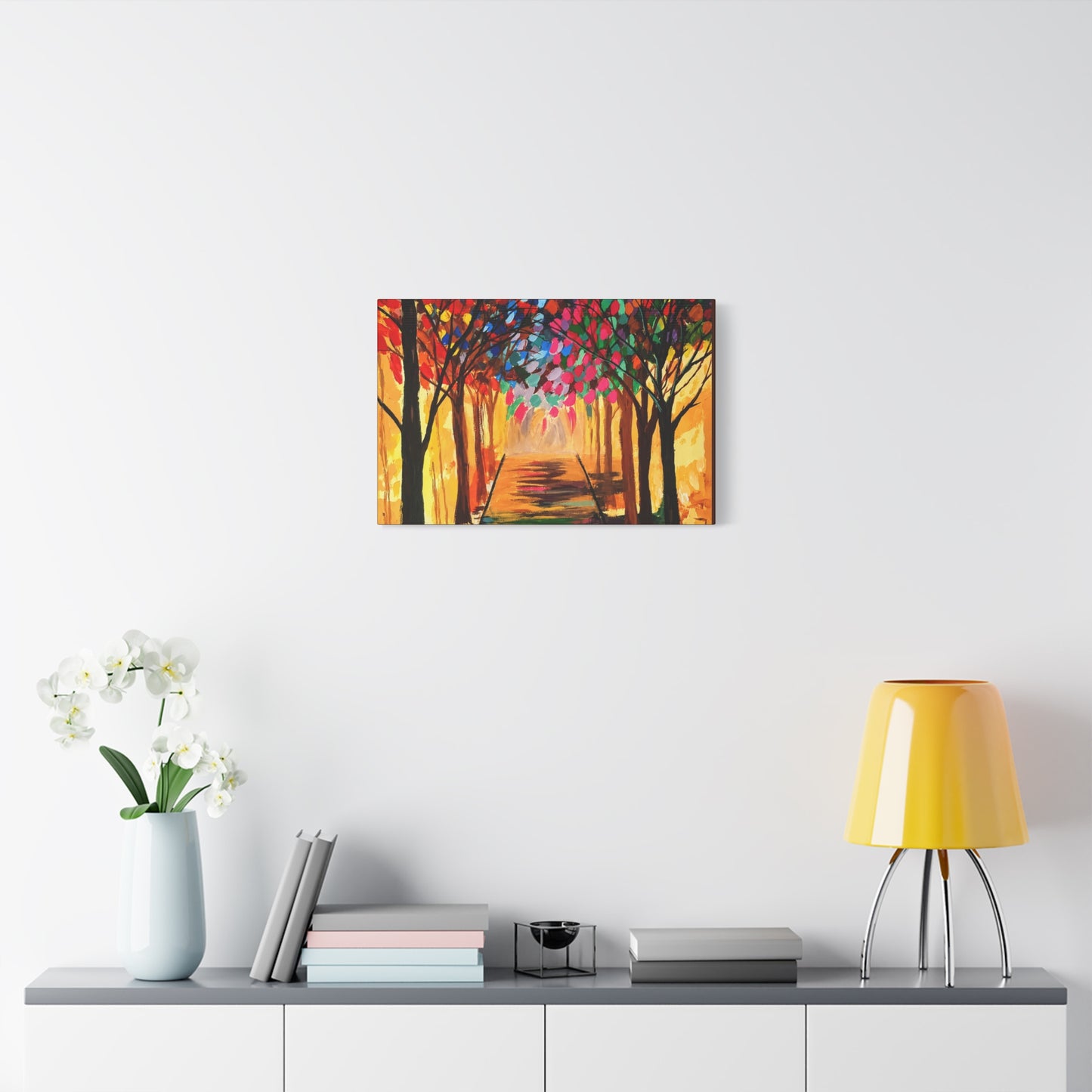 Colorful Tree Path Matte Canvas Print — Vibrant Autumn Forest Wall Art