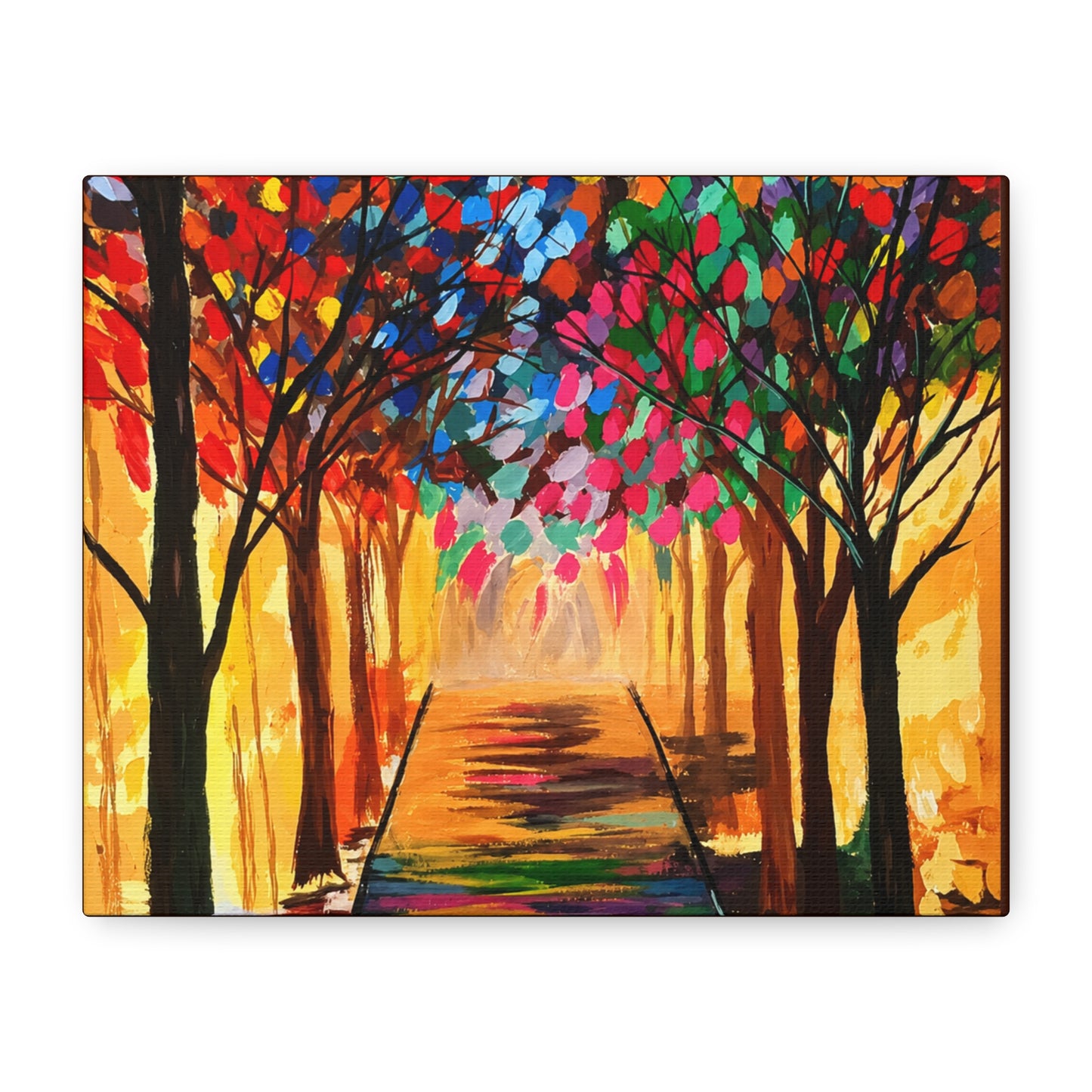 Colorful Tree Path Matte Canvas Print — Vibrant Autumn Forest Wall Art