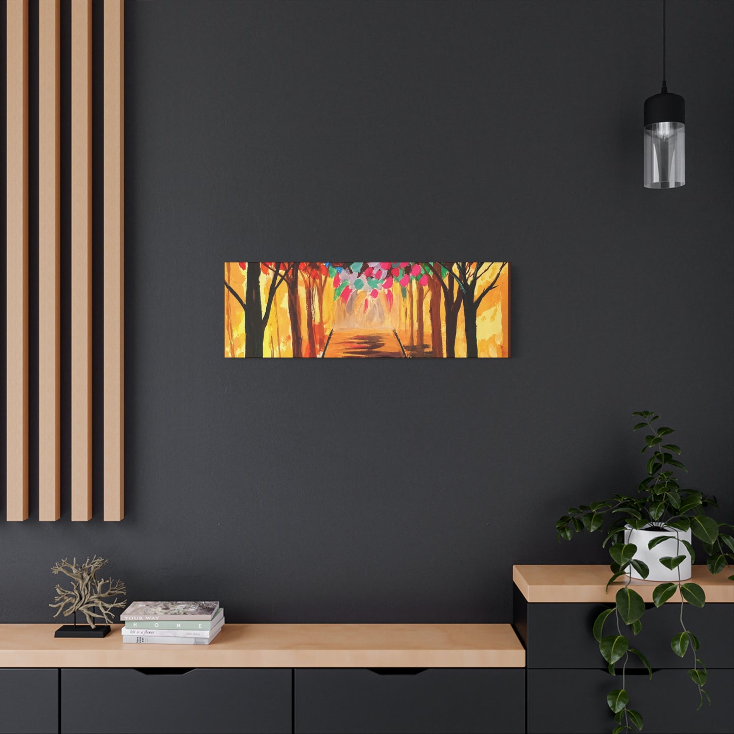 Colorful Tree Path Matte Canvas Print — Vibrant Autumn Forest Wall Art