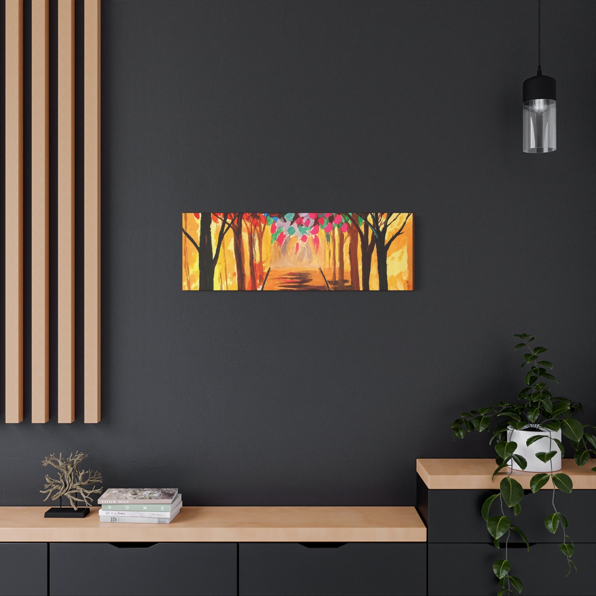 Colorful Tree Path Matte Canvas Print — Vibrant Autumn Forest Wall Art