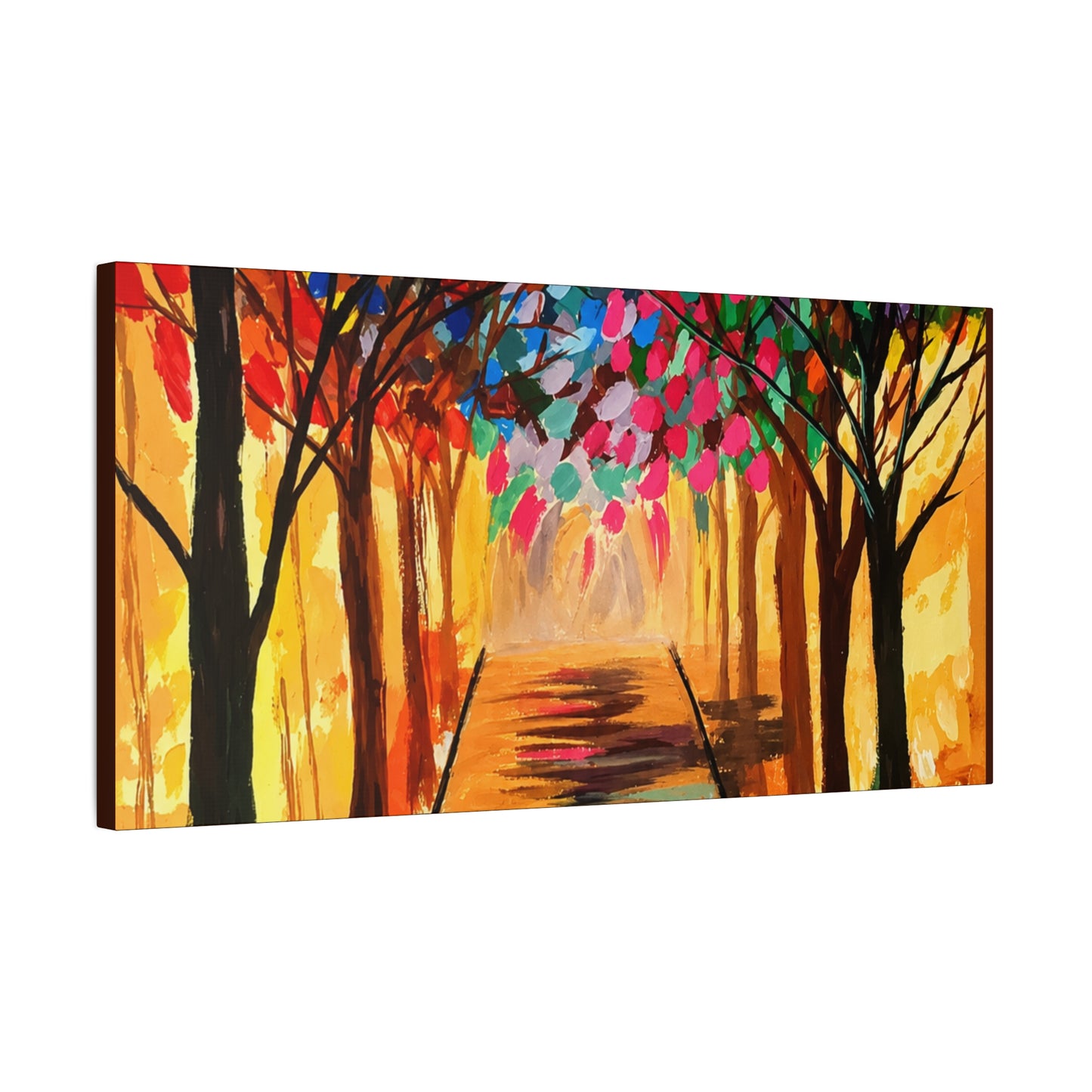 Colorful Tree Path Matte Canvas Print — Vibrant Autumn Forest Wall Art