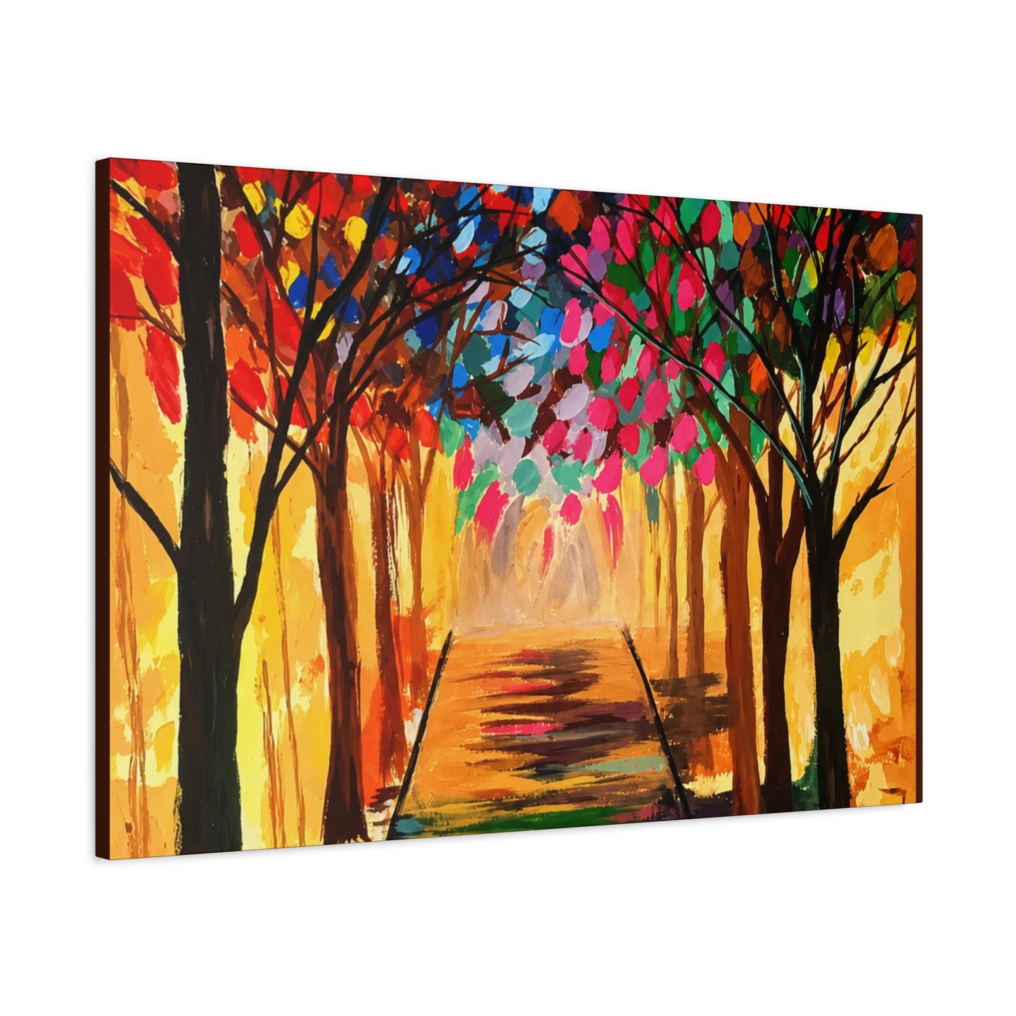 Colorful Tree Path Matte Canvas Print — Vibrant Autumn Forest Wall Art