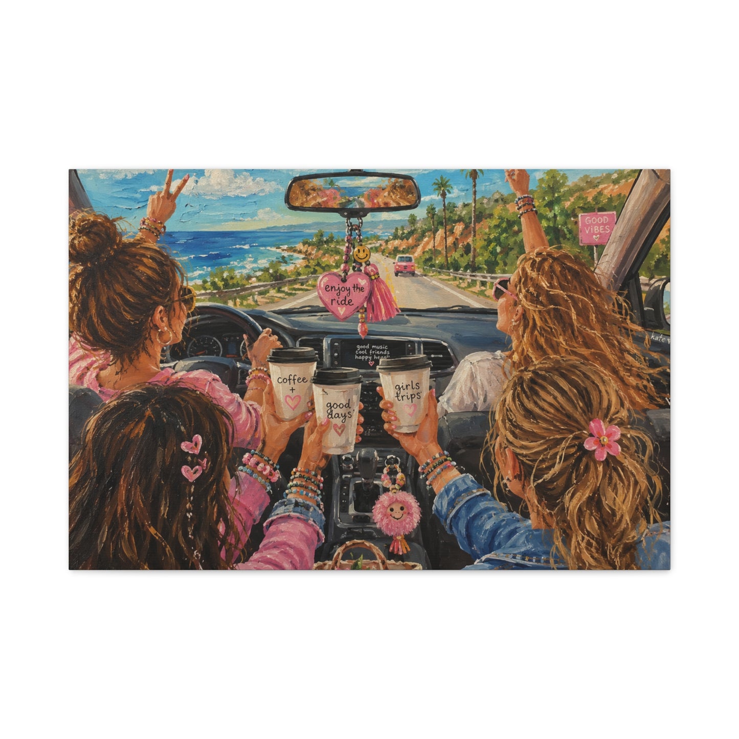 Girls' Beach Road Trip Canvas Wall Art – Colorful Acrylic Painting of Best Friends, Coffee Drive & Coastal Adventure