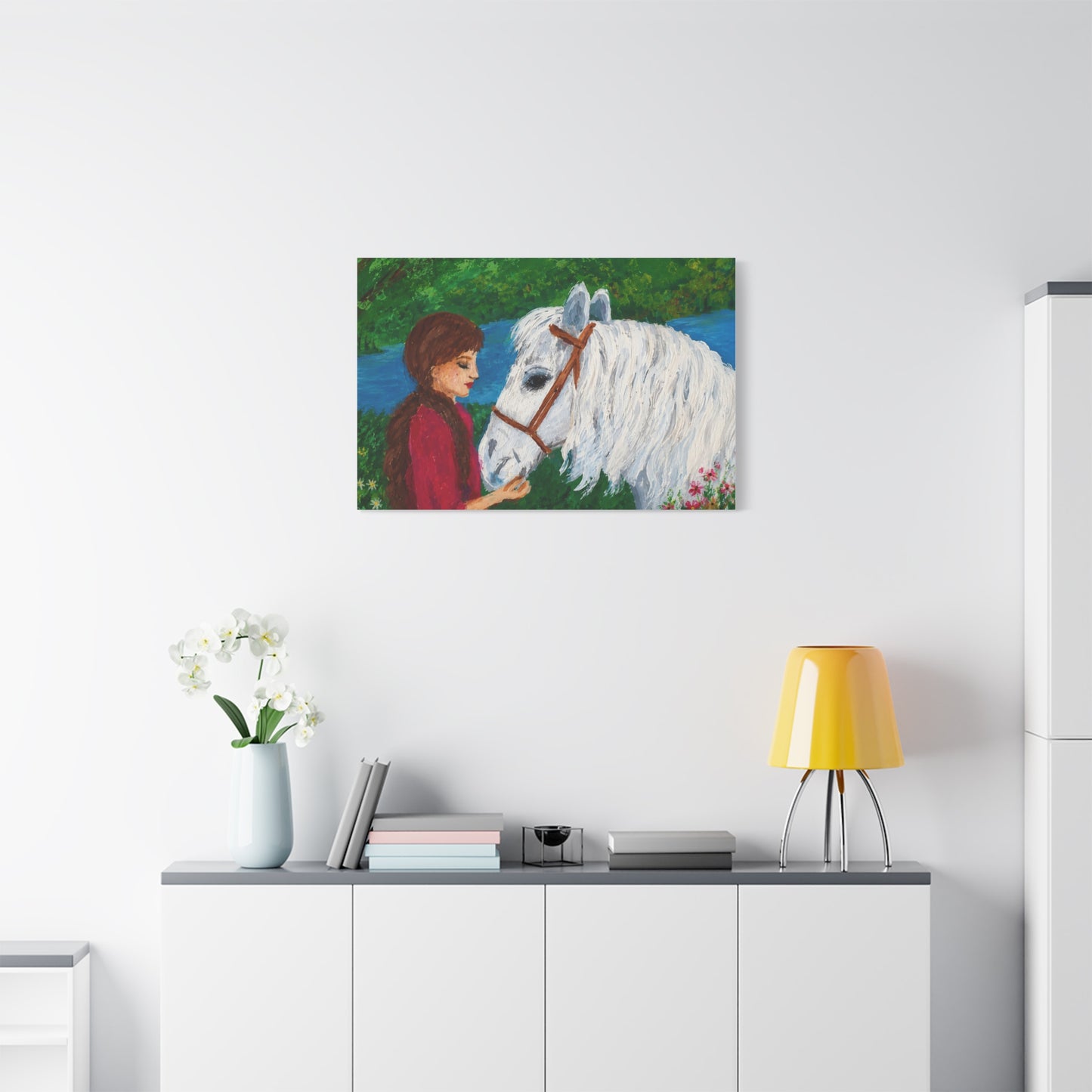 Serenity by the River — Woman with White Horse Stretched Wall Art