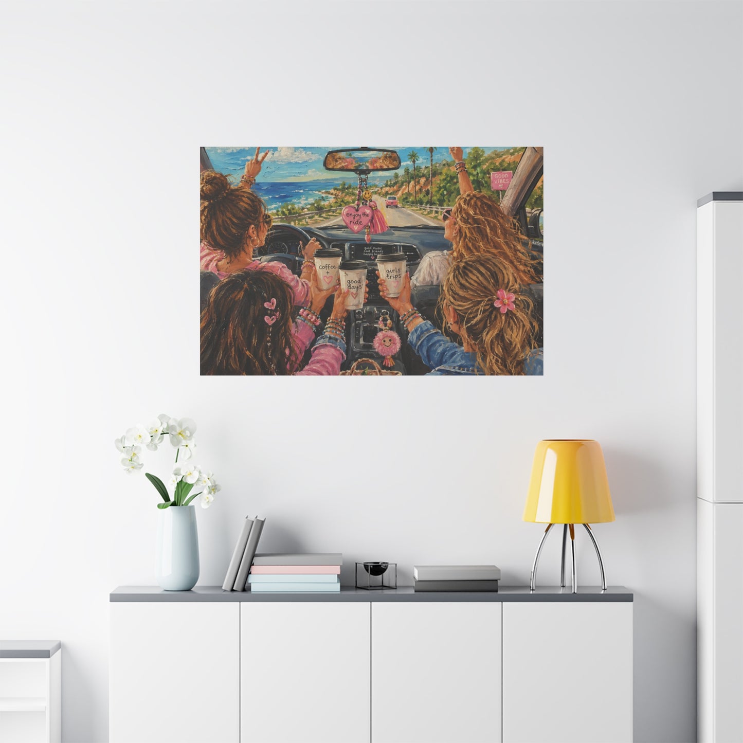 Girls' Beach Road Trip Canvas Wall Art – Colorful Acrylic Painting of Best Friends, Coffee Drive & Coastal Adventure