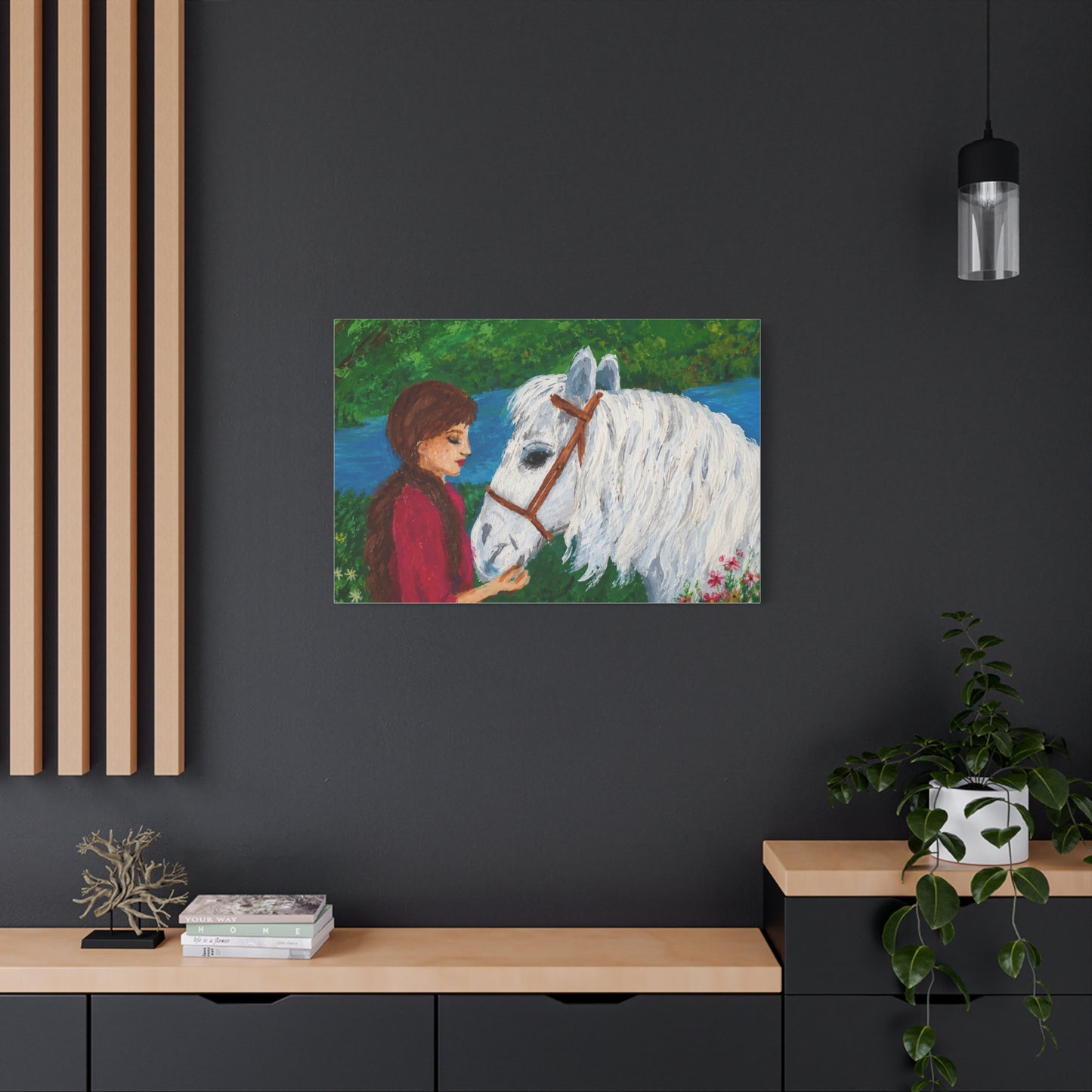 Serenity by the River — Woman with White Horse Stretched Wall Art