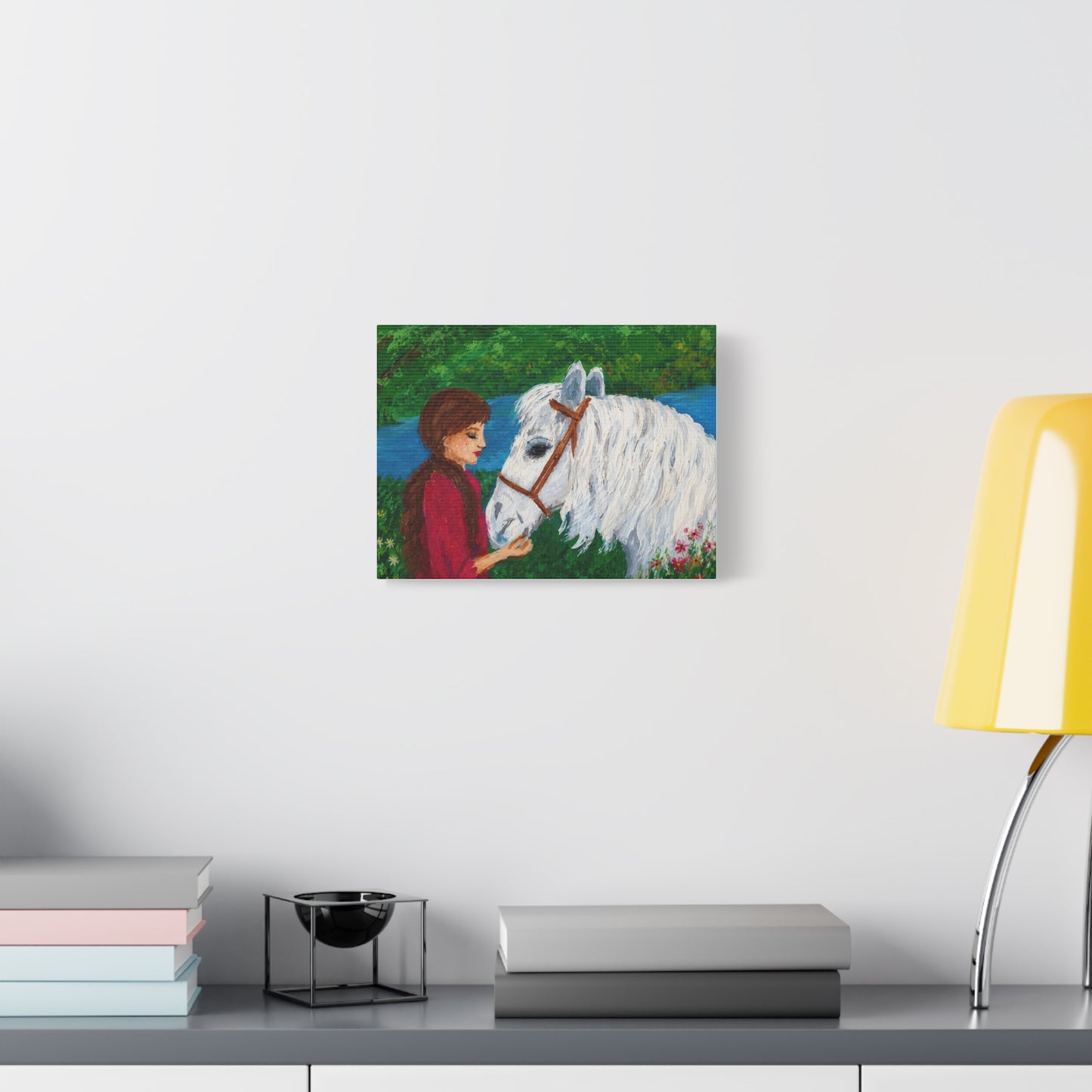 Serenity by the River — Woman with White Horse Stretched Wall Art