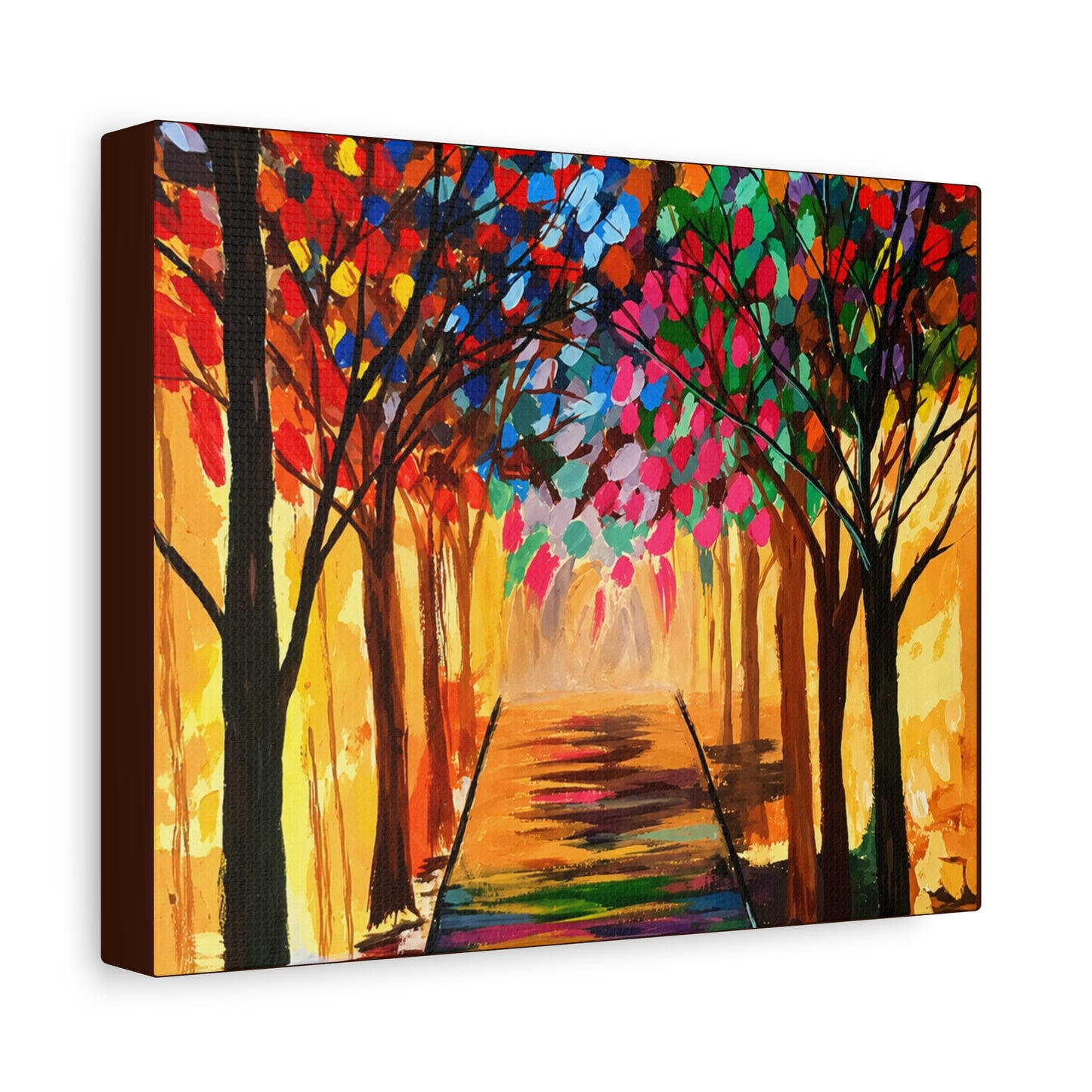 Colorful Tree Path Matte Canvas Print — Vibrant Autumn Forest Wall Art