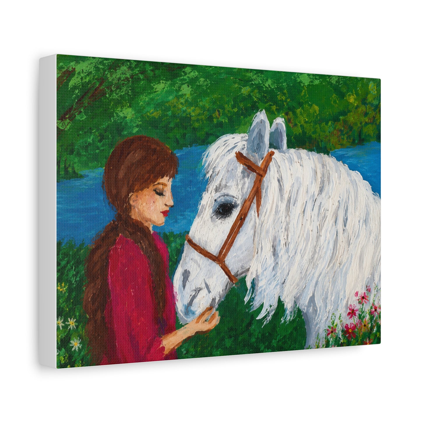 Serenity by the River — Woman with White Horse Stretched Wall Art