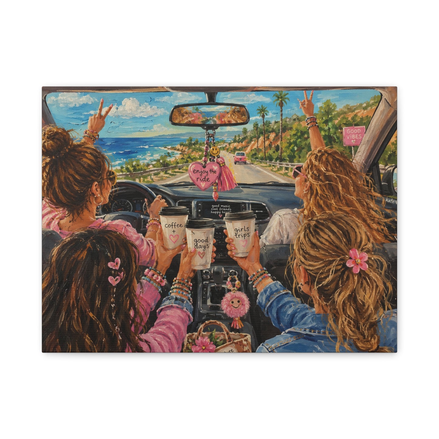 Girls' Beach Road Trip Canvas Wall Art – Colorful Acrylic Painting of Best Friends, Coffee Drive & Coastal Adventure