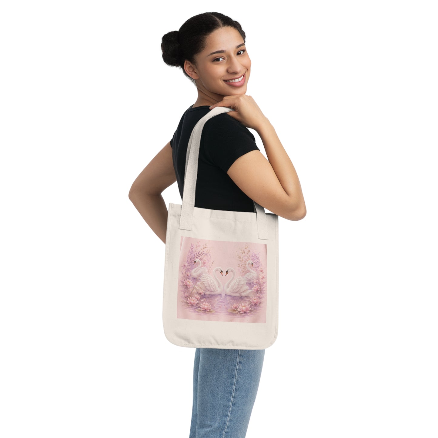 Swan Heart Organic Canvas Tote — Pastel Floral Eco-Friendly Bag