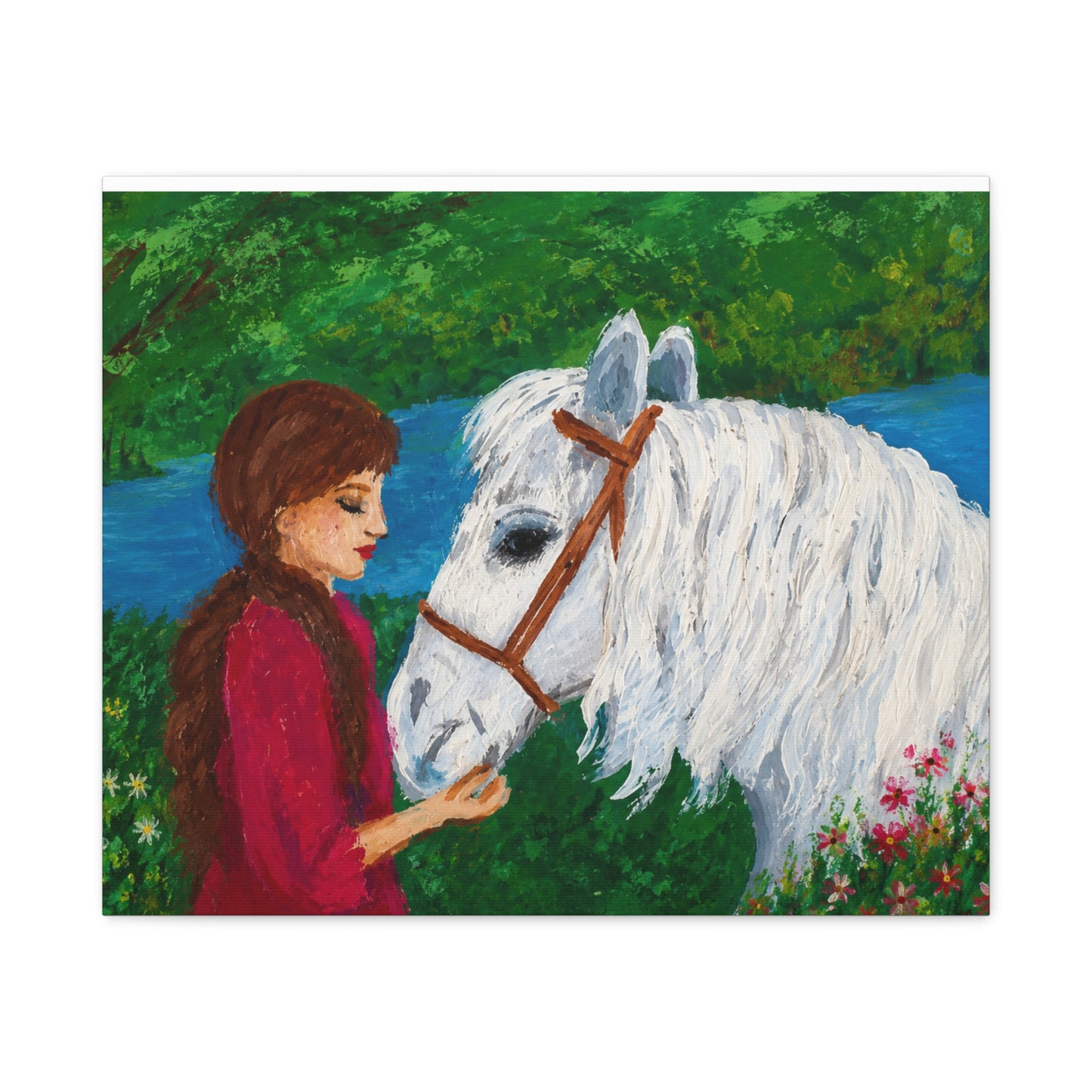 Serenity by the River — Woman with White Horse Stretched Wall Art