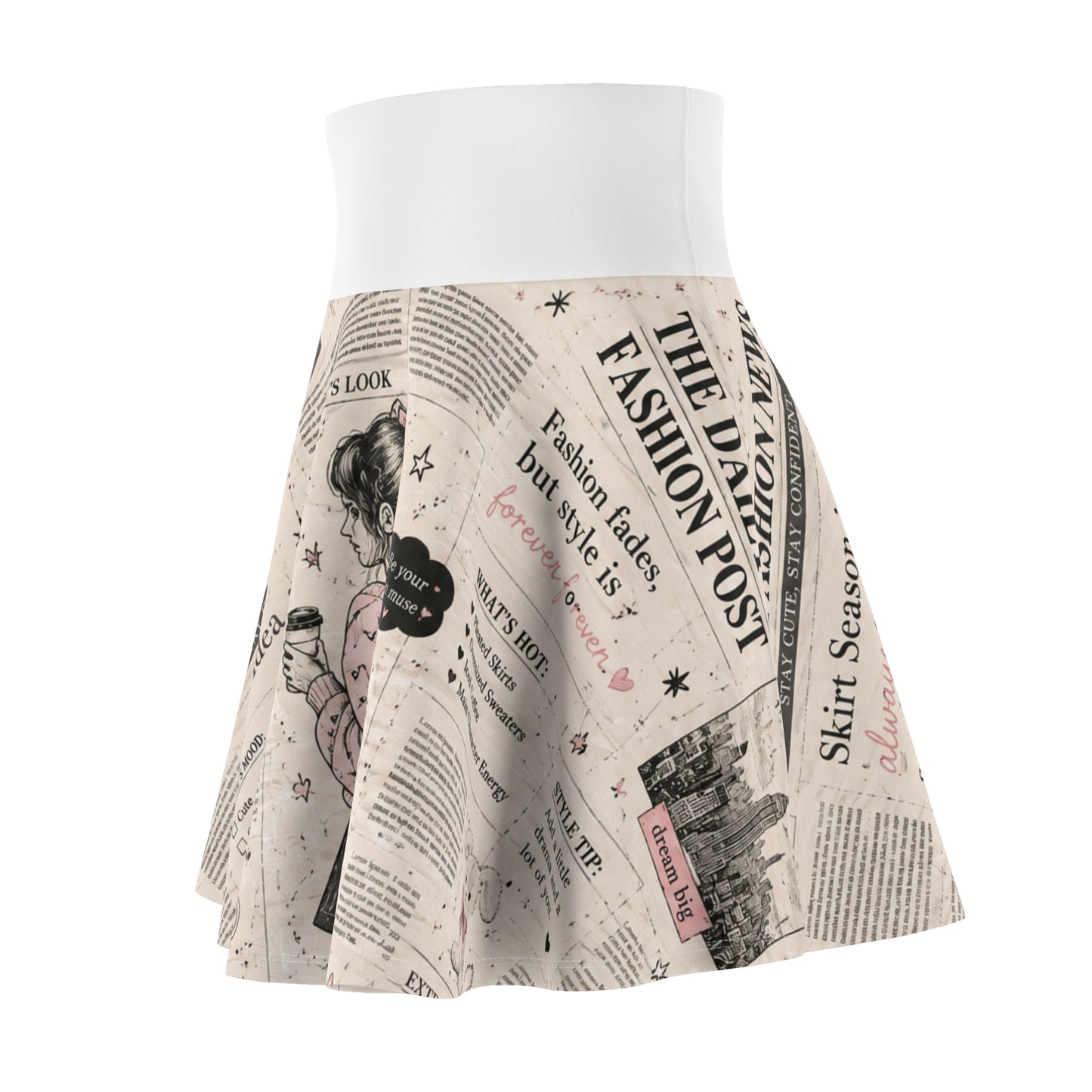 Vintage Newspaper Print Skater Skirt — Cute Girl Illustration & Fashion Headlines