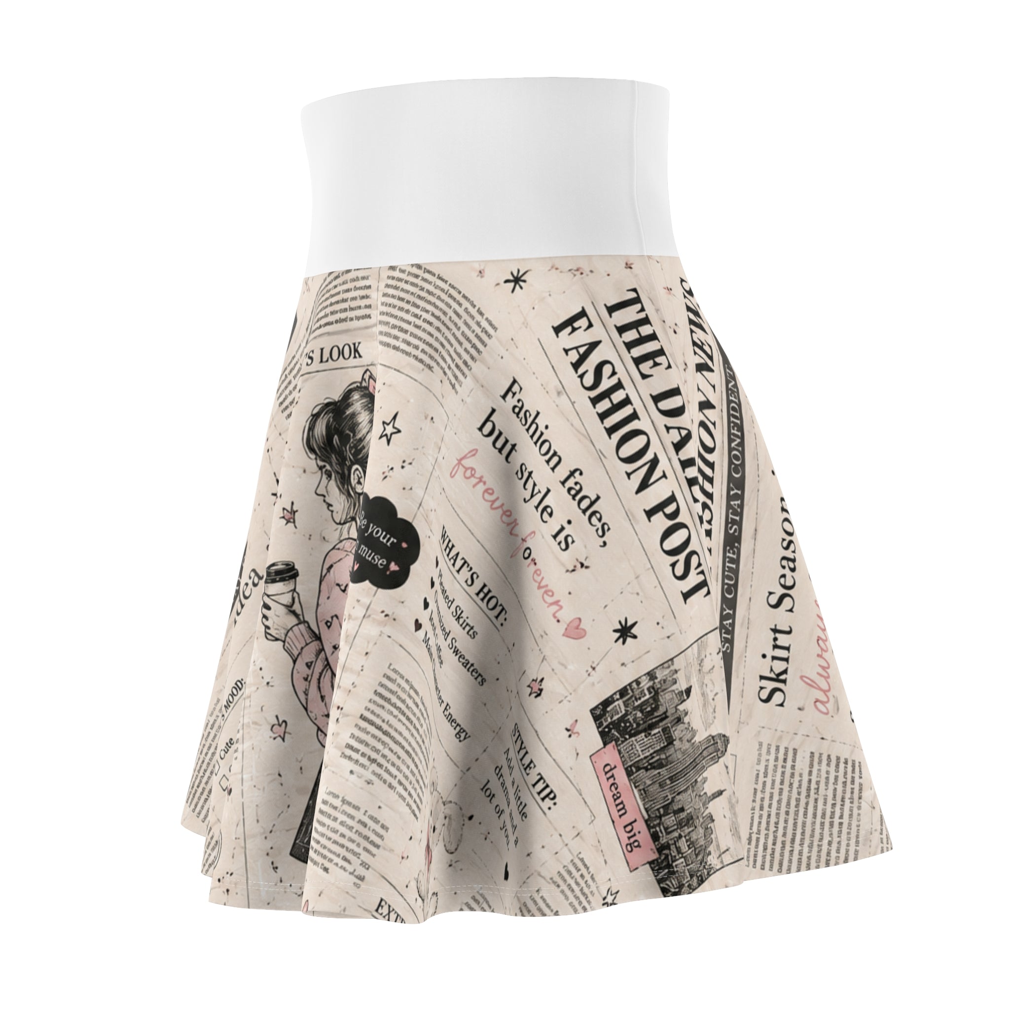 Vintage Newspaper Print Skater Skirt — Cute Girl Illustration & Fashion Headlines