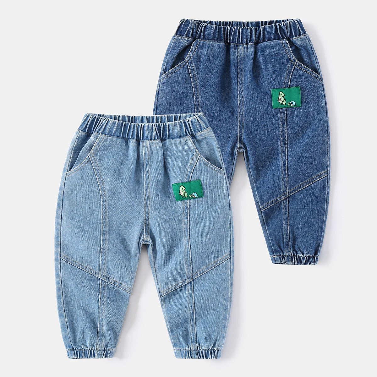Kids' Washed Denim Pants for Boys, Elastic Cuff Tapered Fit, Long Jean Pants