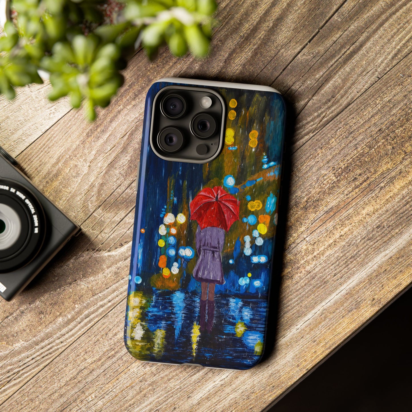 Rainy Night Phone Case — Woman with Red Umbrella Art