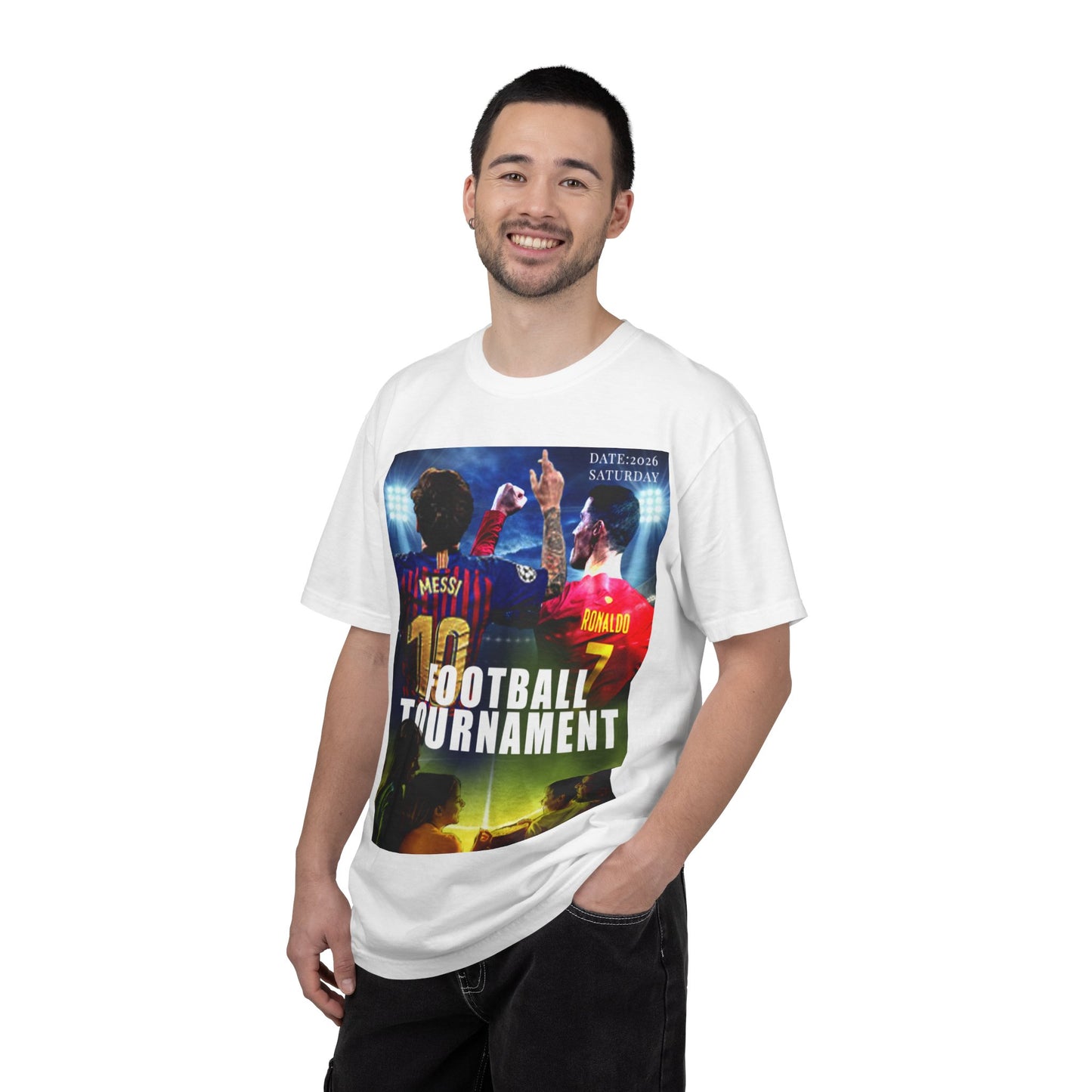 Football Tournament T‑Shirt — Messi & Ronaldo Poster Design