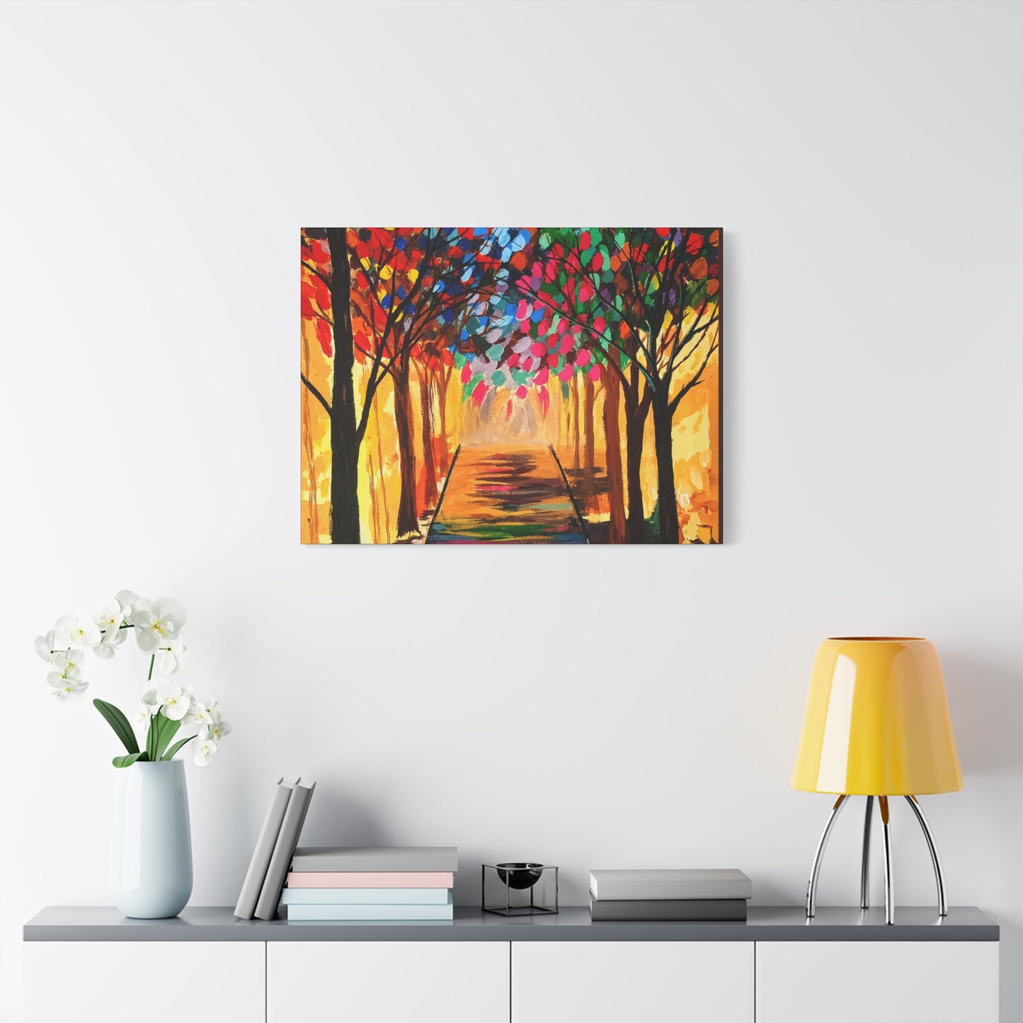 Colorful Tree Path Matte Canvas Print — Vibrant Autumn Forest Wall Art