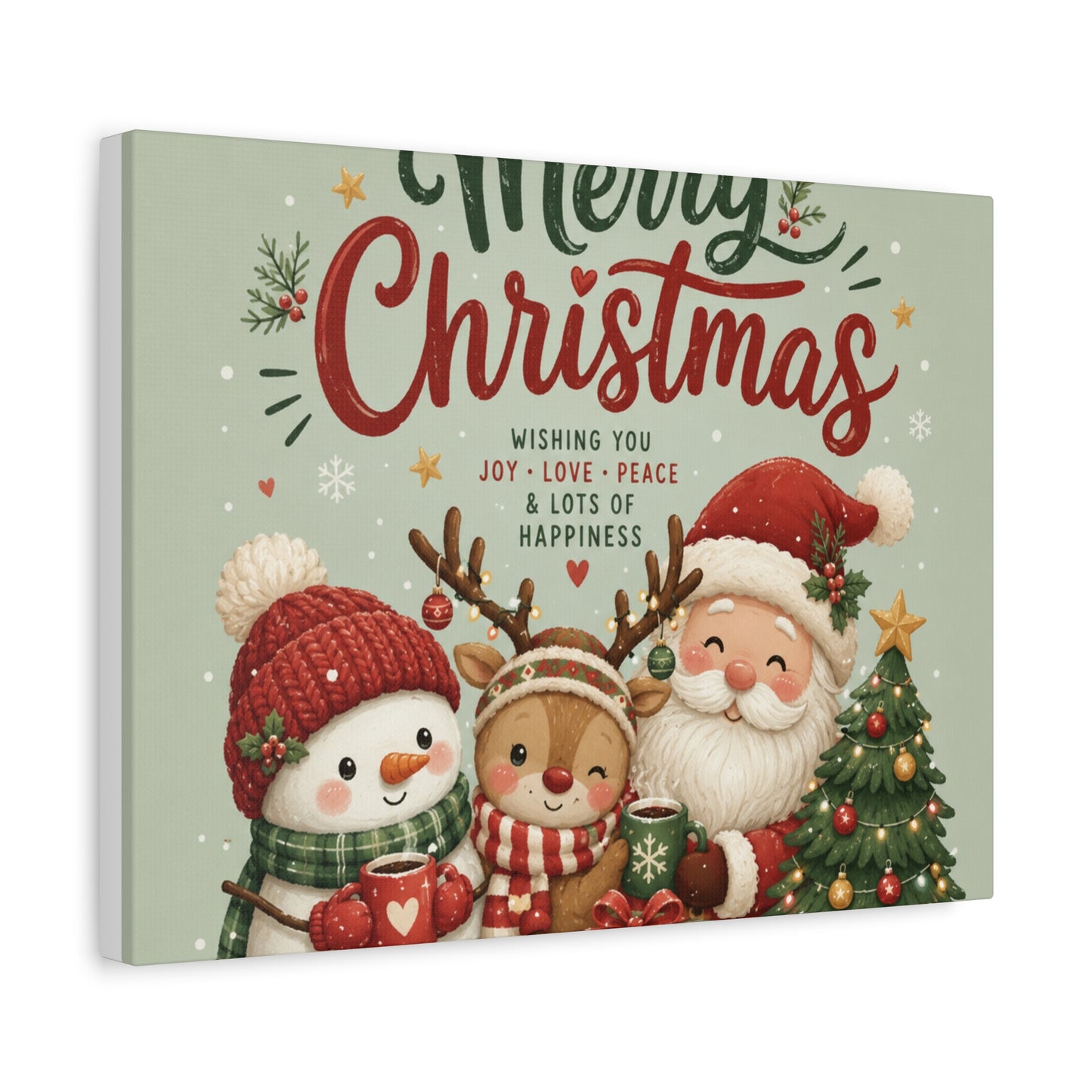 Merry Christmas Canvas Wall Art – Cute Santa, Snowman & Reindeer Holiday Print
