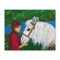 Serenity by the River — Woman with White Horse Stretched Wall Art