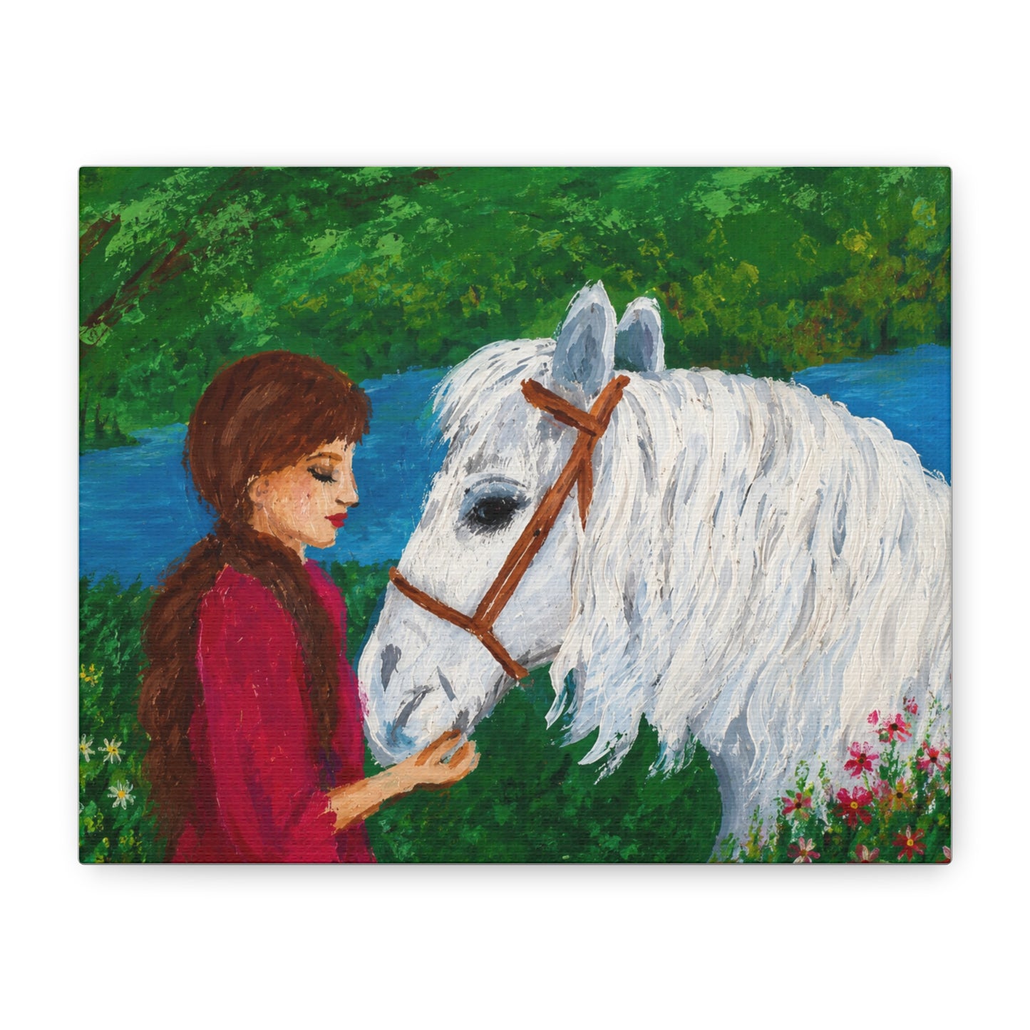 Serenity by the River — Woman with White Horse Stretched Wall Art