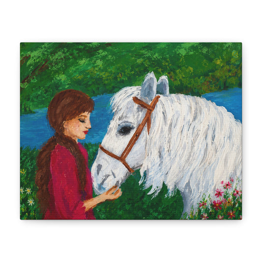 Serenity by the River — Woman with White Horse Stretched Wall Art