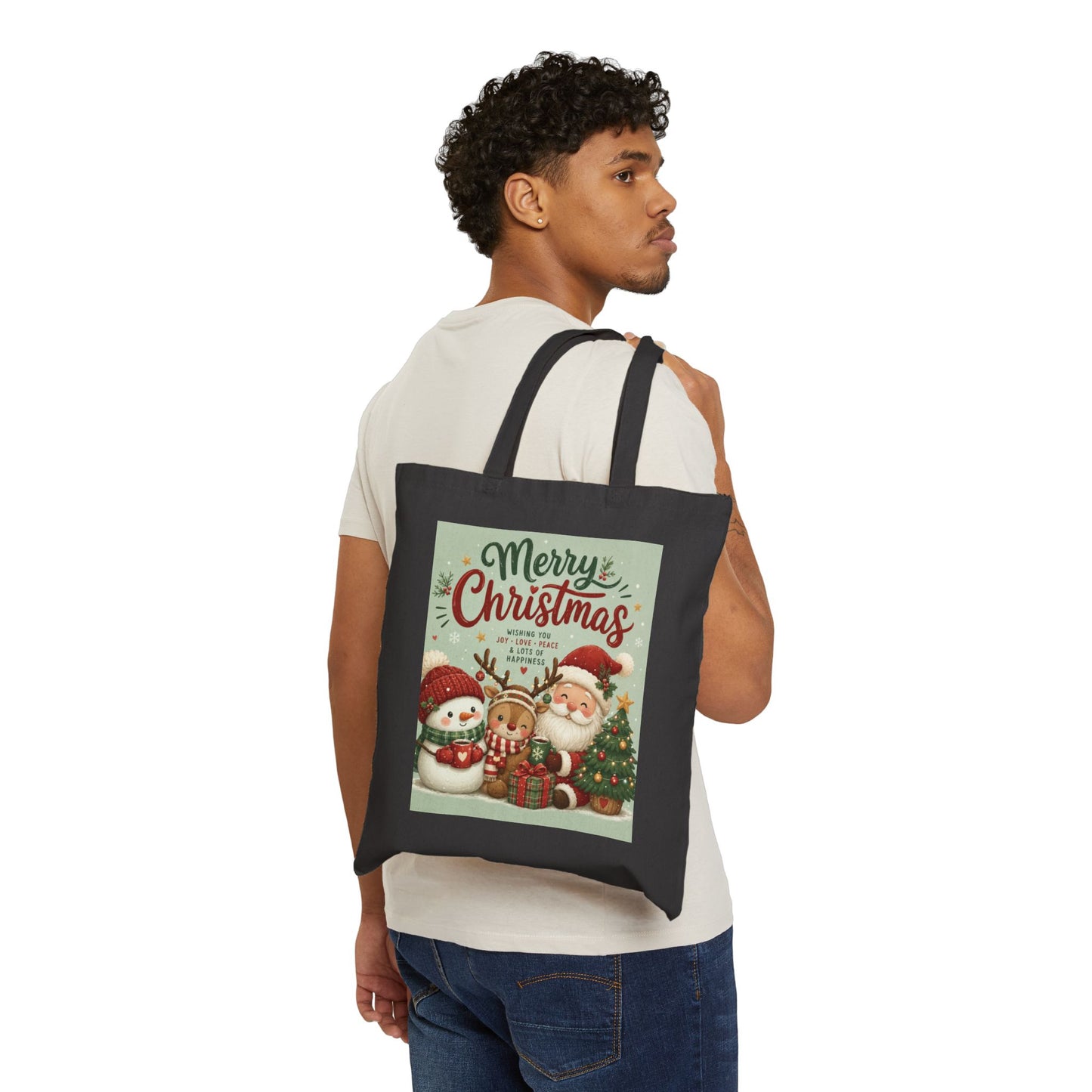 Christmas Tote Bag — 'Merry Christmas' Vintage Santa & Snowman Canvas Gift Tote