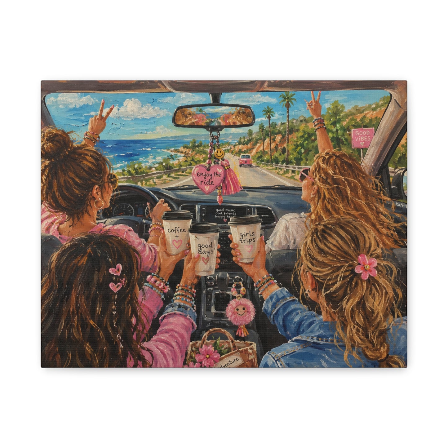 Girls' Beach Road Trip Canvas Wall Art – Colorful Acrylic Painting of Best Friends, Coffee Drive & Coastal Adventure