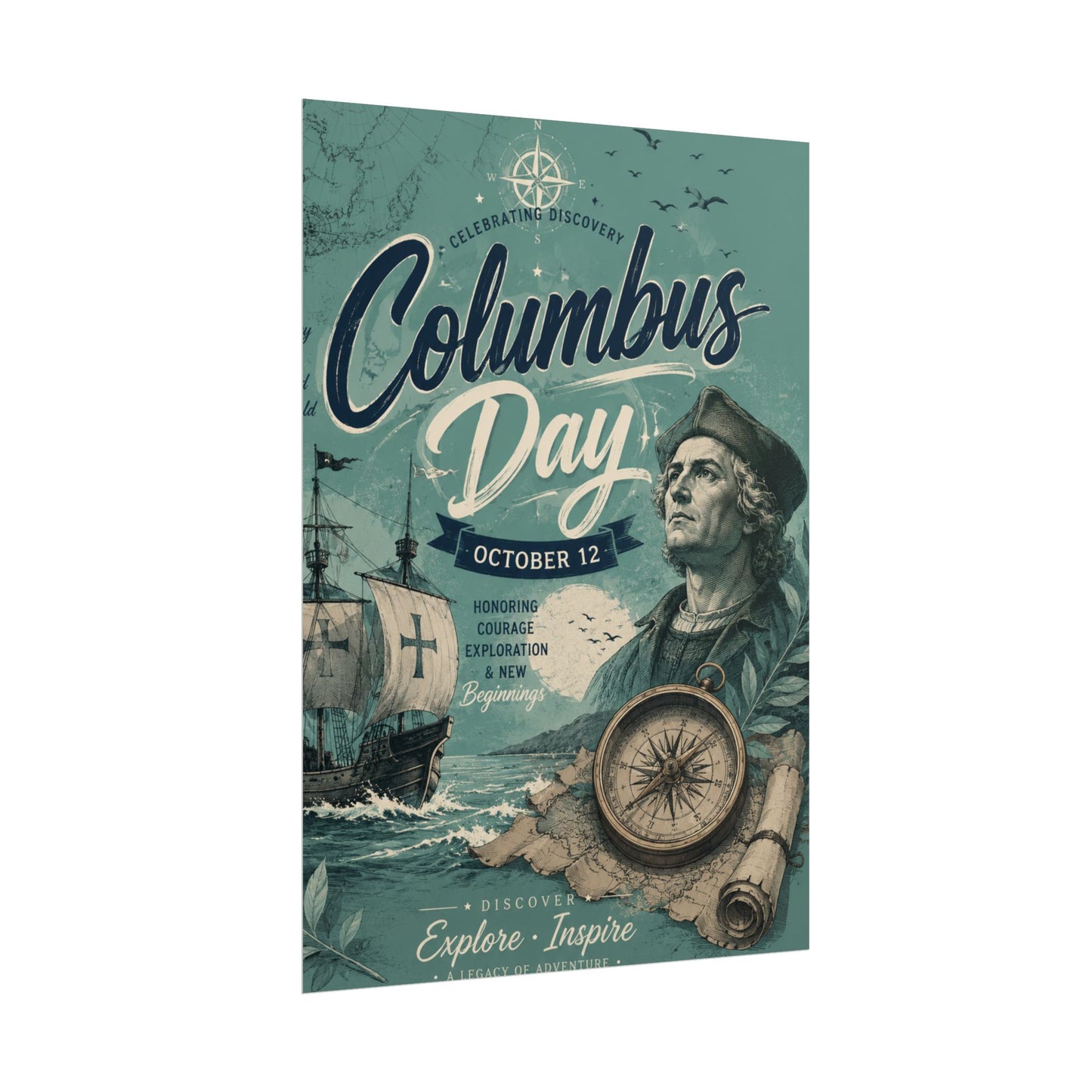 Columbus Day Poster — Rolled Vintage Exploration Print (October 12)