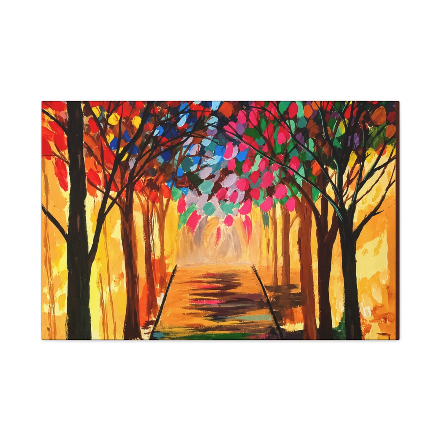Colorful Tree Path Matte Canvas Print — Vibrant Autumn Forest Wall Art