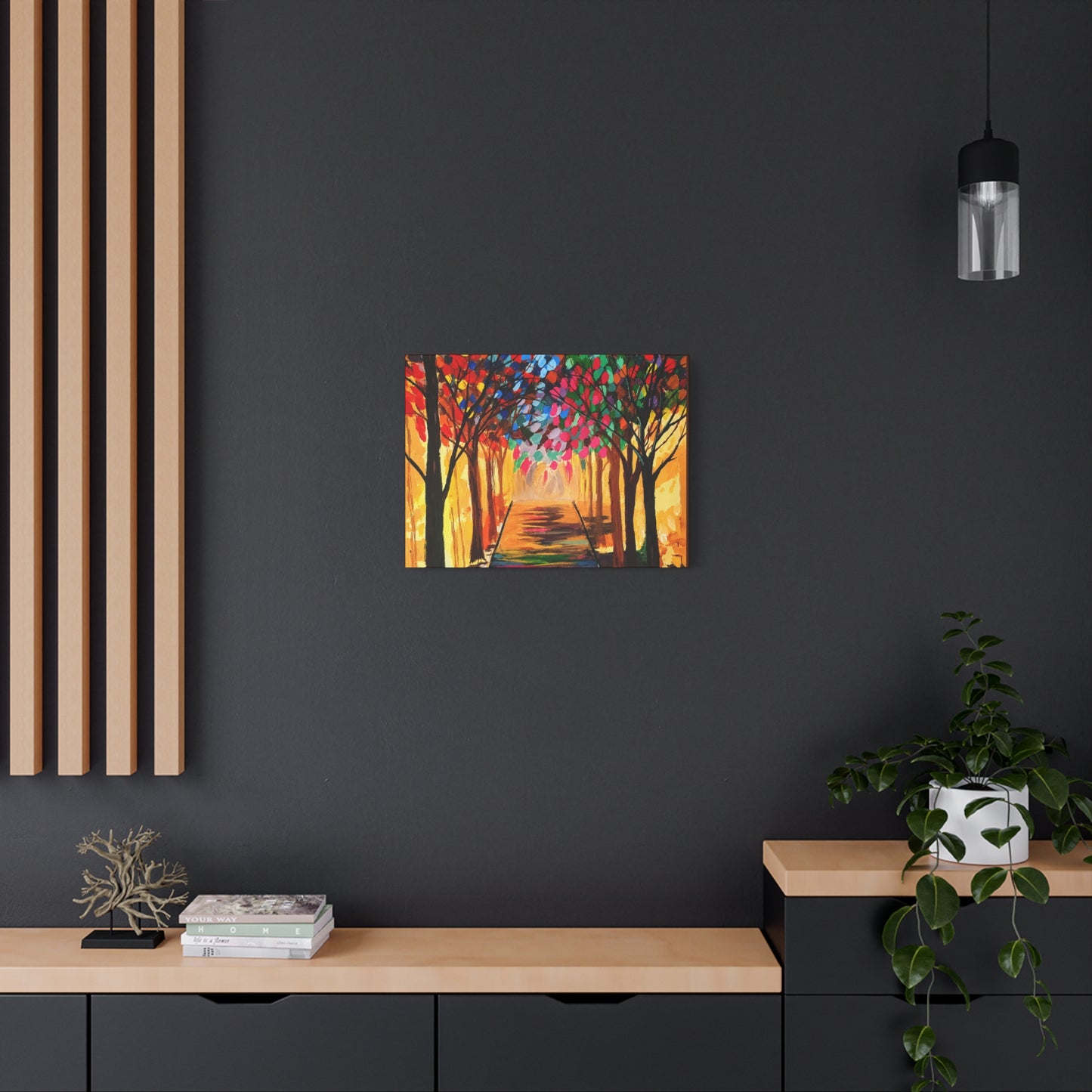 Colorful Tree Path Matte Canvas Print — Vibrant Autumn Forest Wall Art