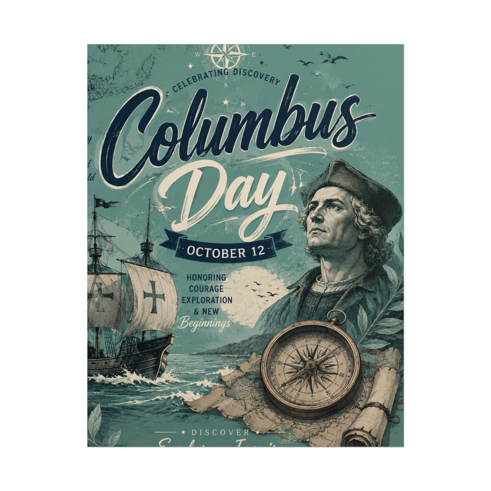 Columbus Day Poster — Rolled Vintage Exploration Print (October 12)