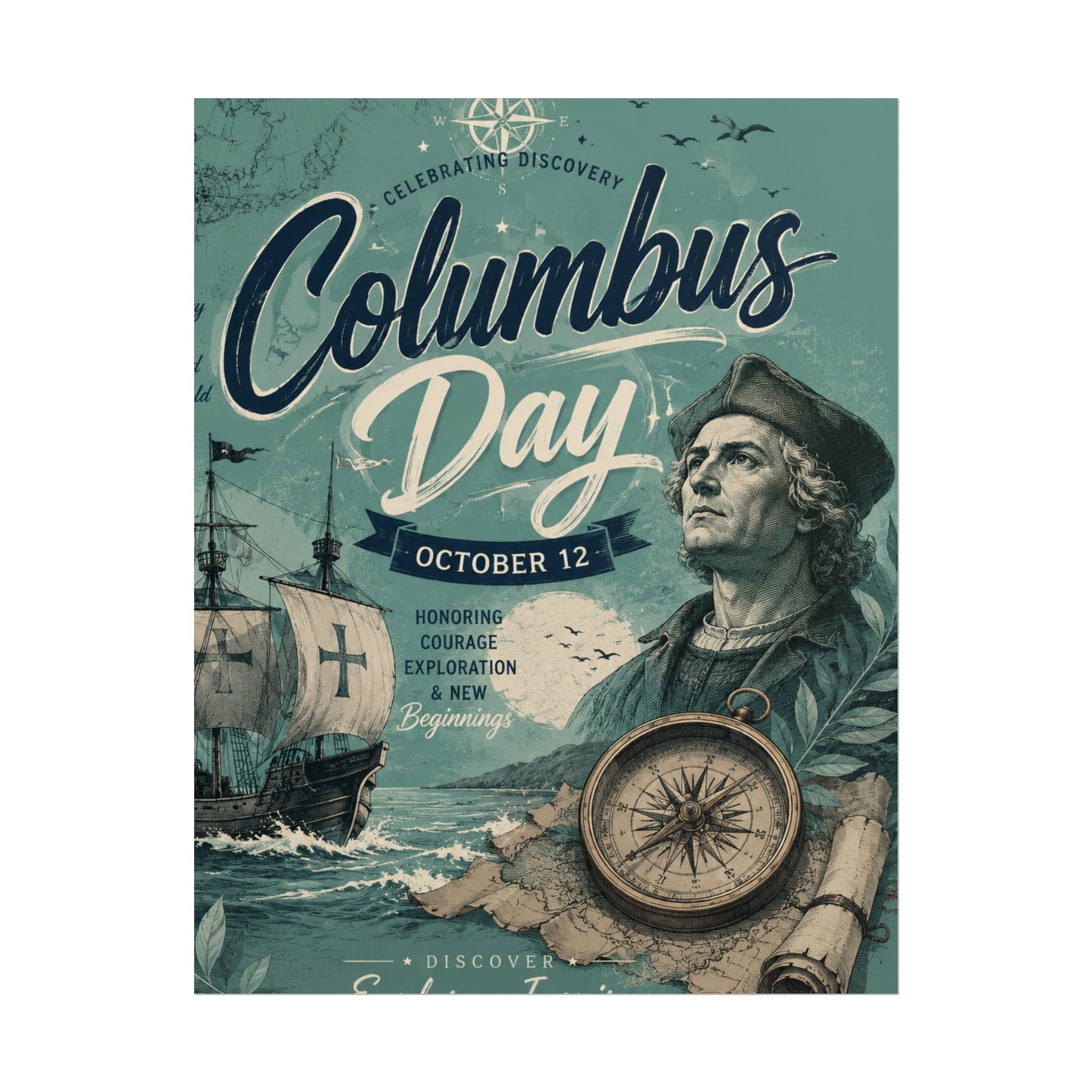 Columbus Day Poster — Rolled Vintage Exploration Print (October 12)