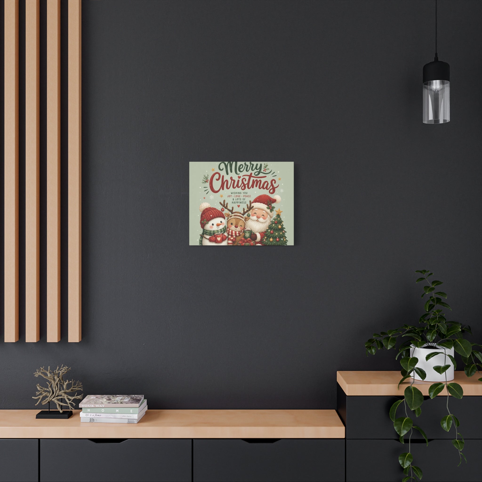 Merry Christmas Canvas Wall Art – Cute Santa, Snowman & Reindeer Holiday Print