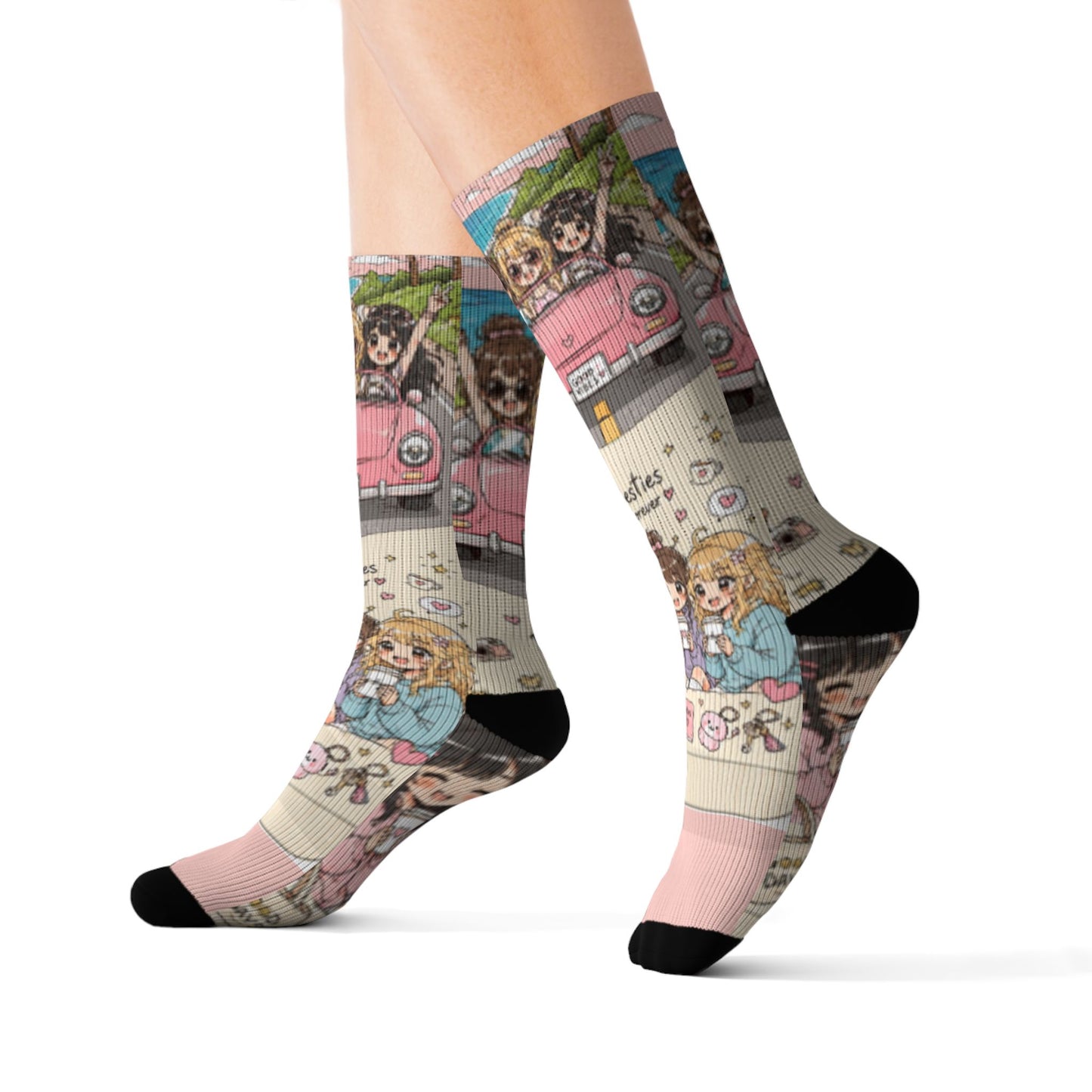 Kawaii Anime Best Friends Crew Socks – Cute Coffee & Road Trip Aesthetic Socks