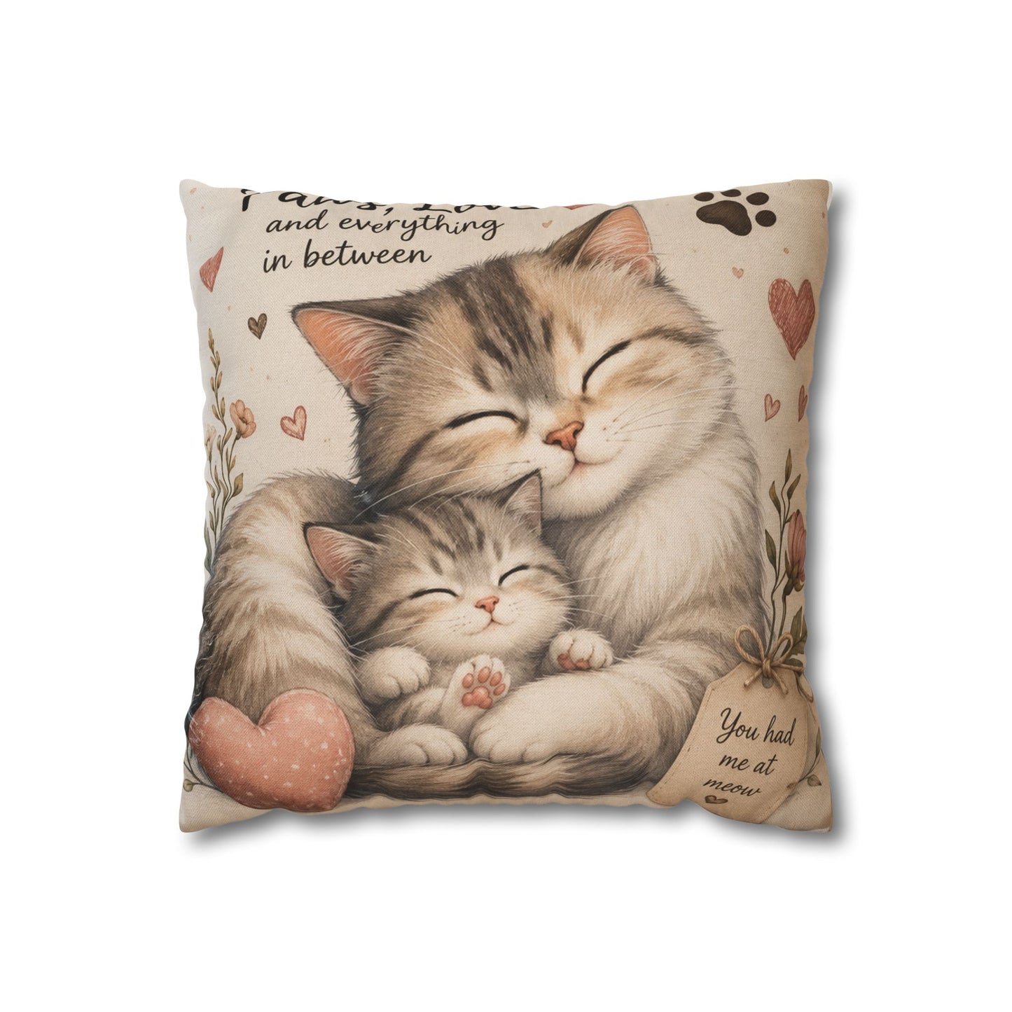 Mama Cat & Kitten Hug Decorative Pillowcase — "You had me at meow" Cute Cat Throw Pillow Cover