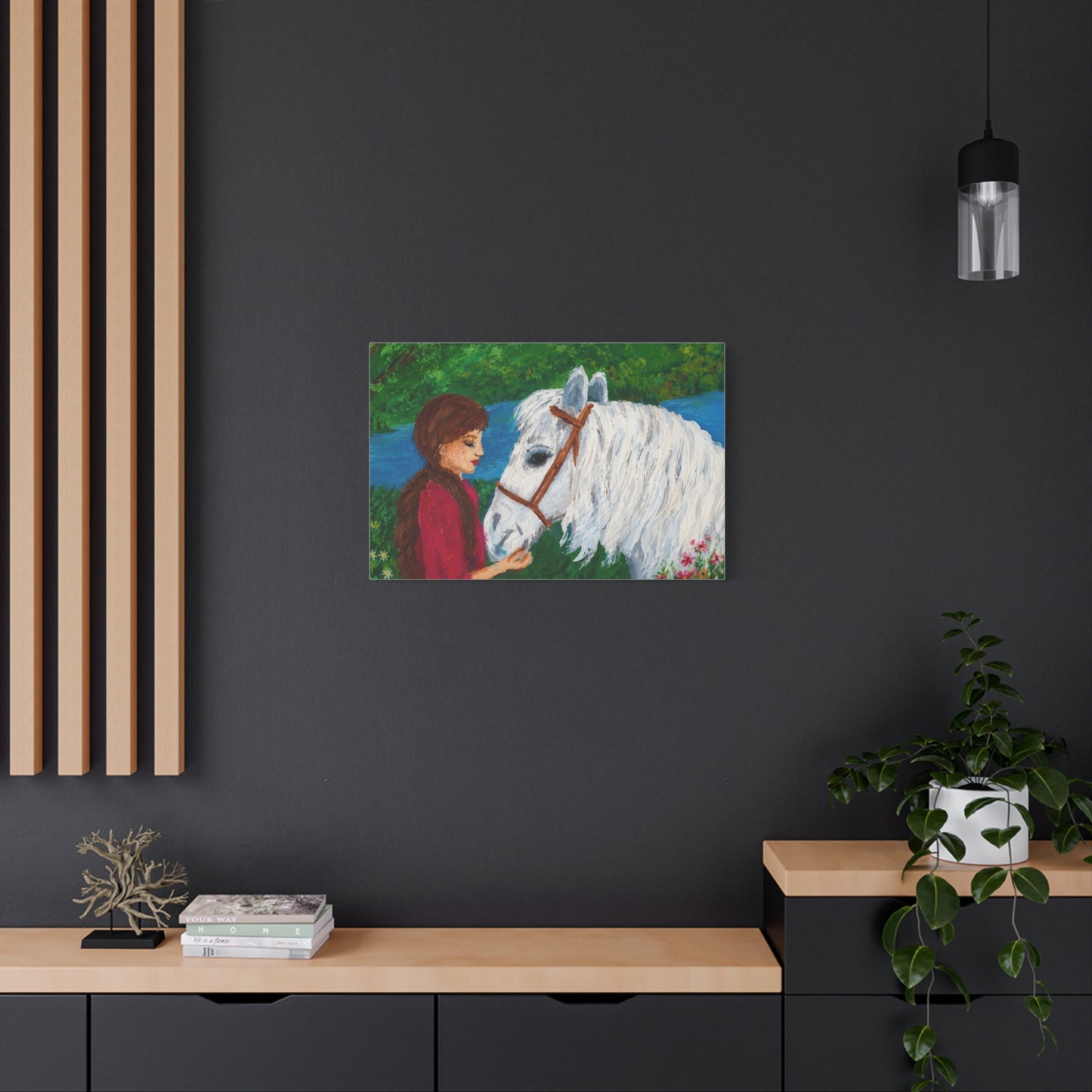 Serenity by the River — Woman with White Horse Stretched Wall Art