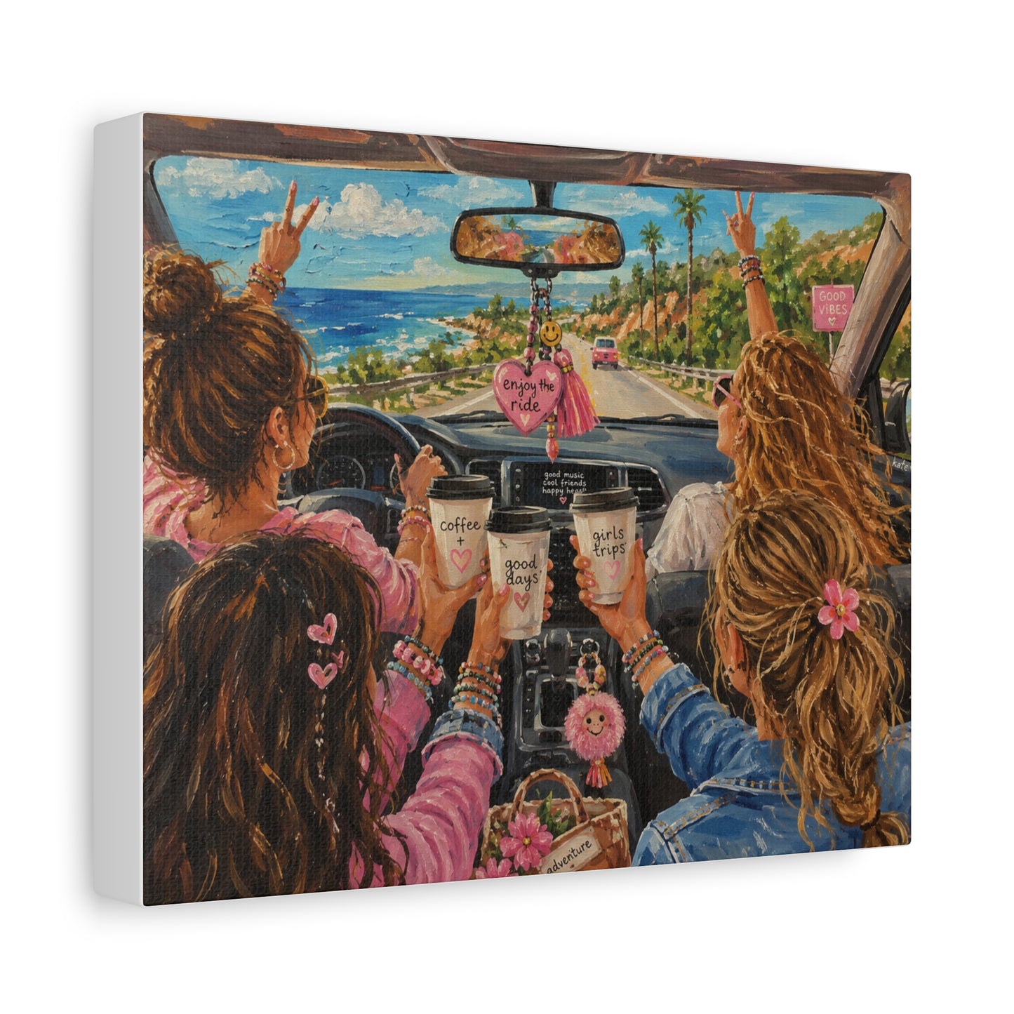 Girls' Beach Road Trip Canvas Wall Art – Colorful Acrylic Painting of Best Friends, Coffee Drive & Coastal Adventure