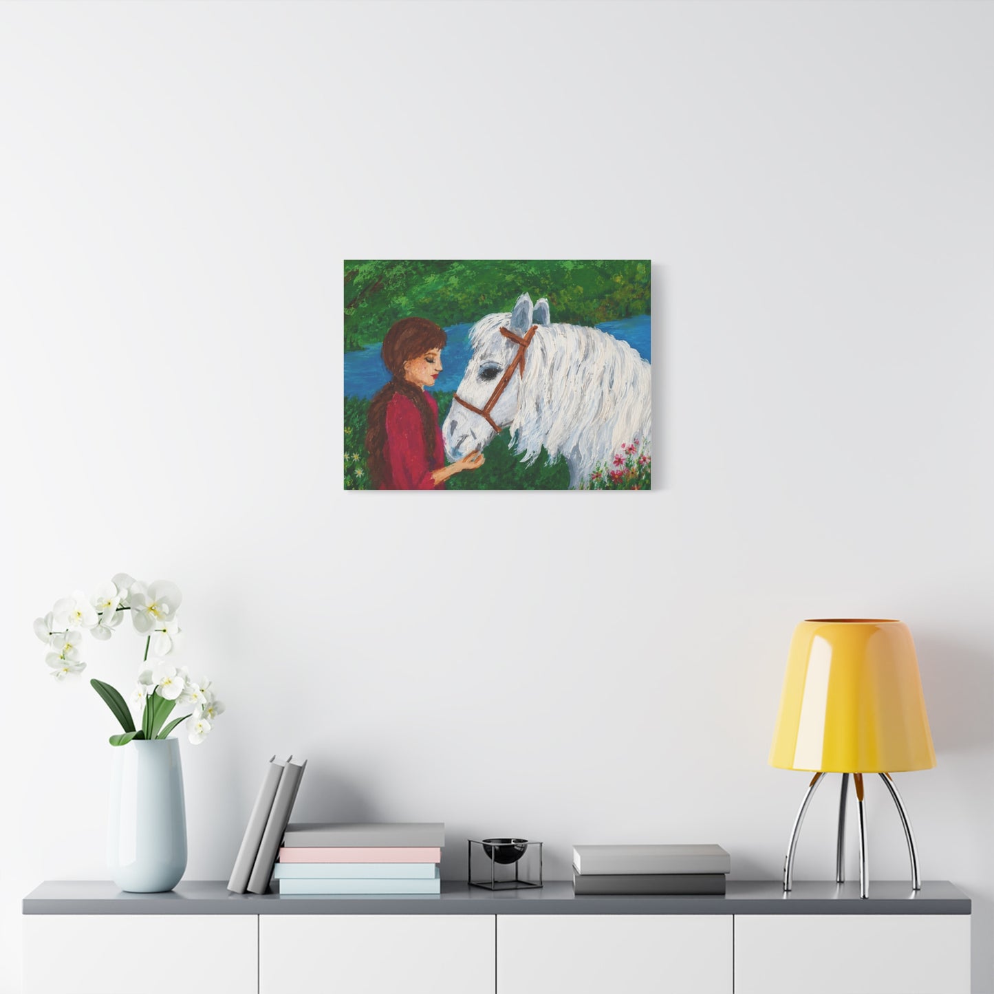 Serenity by the River — Woman with White Horse Stretched Wall Art