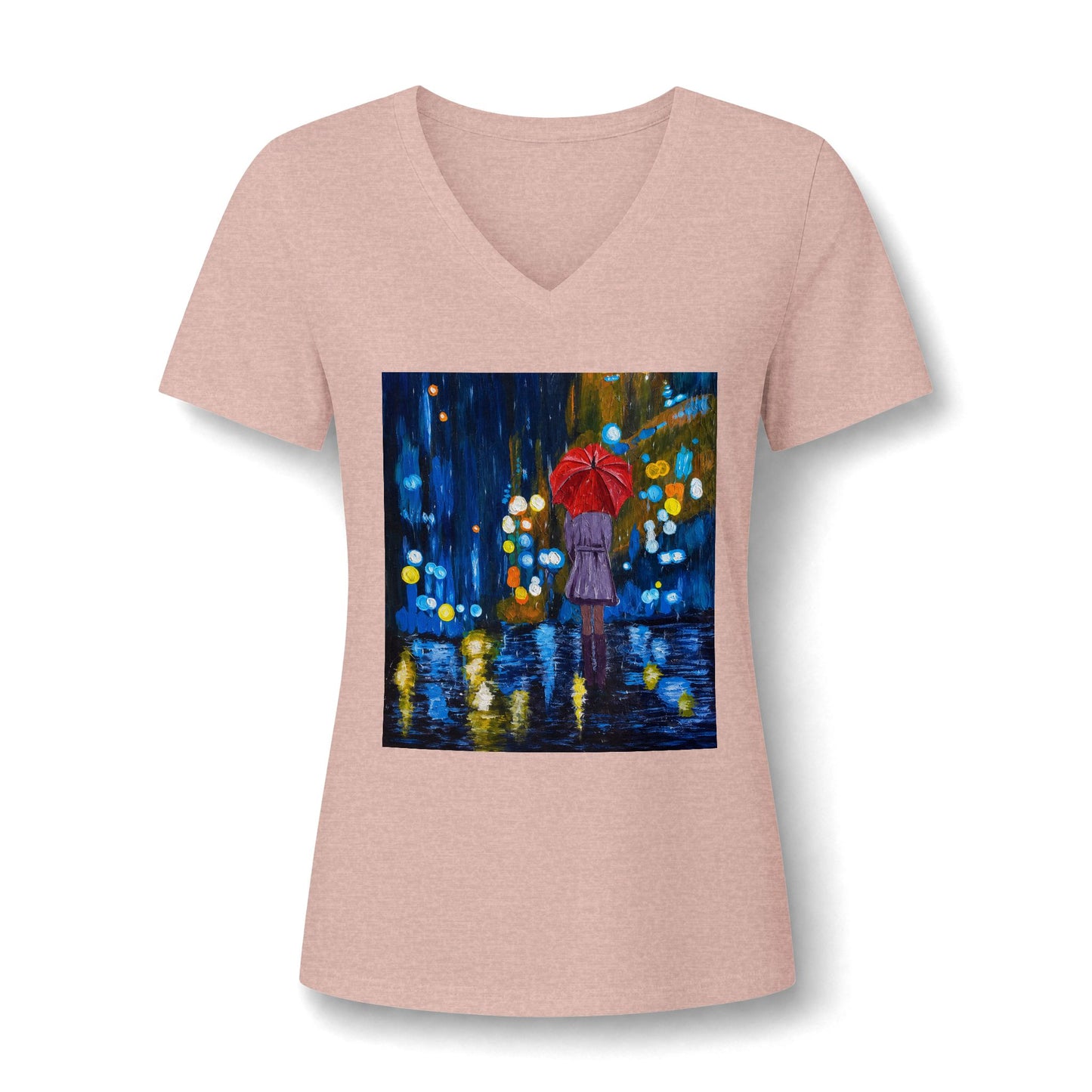 Rainy Night Painting V-Neck Tee — Woman with Red Umbrella Art Shirt