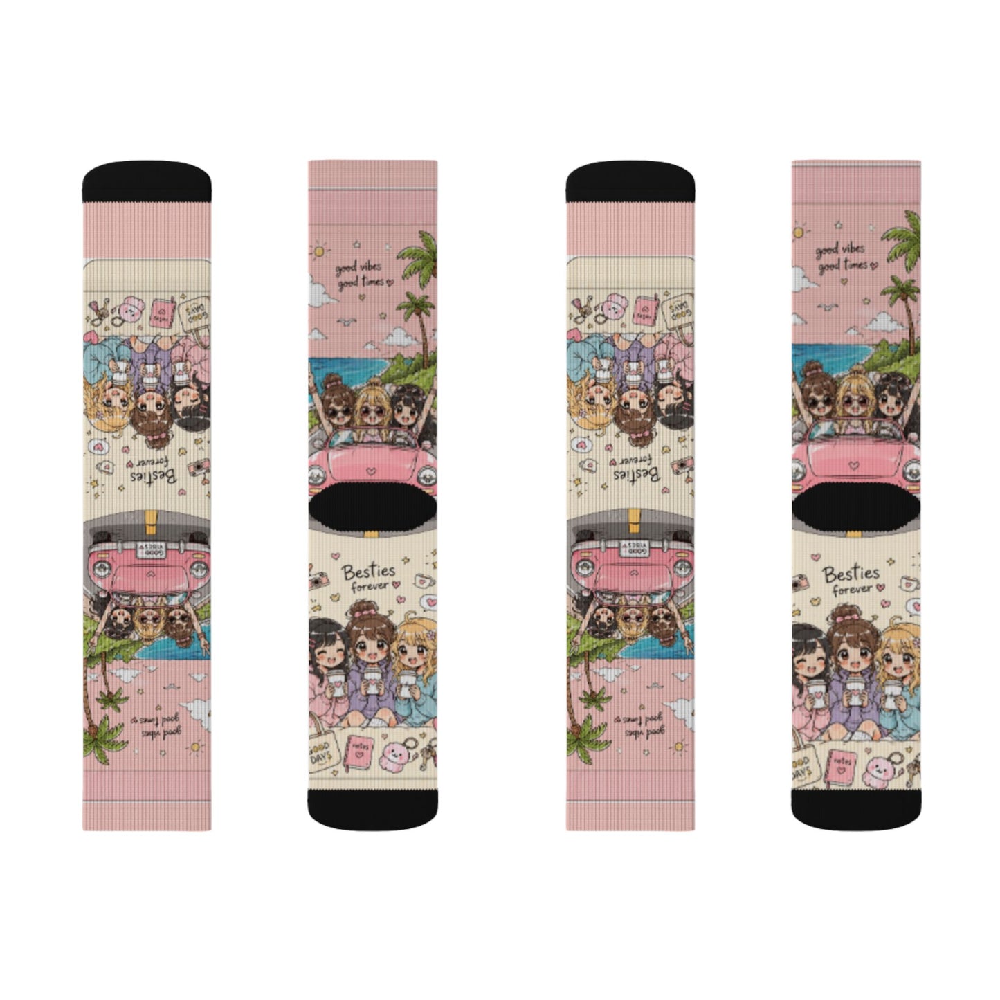Kawaii Anime Best Friends Crew Socks – Cute Coffee & Road Trip Aesthetic Socks