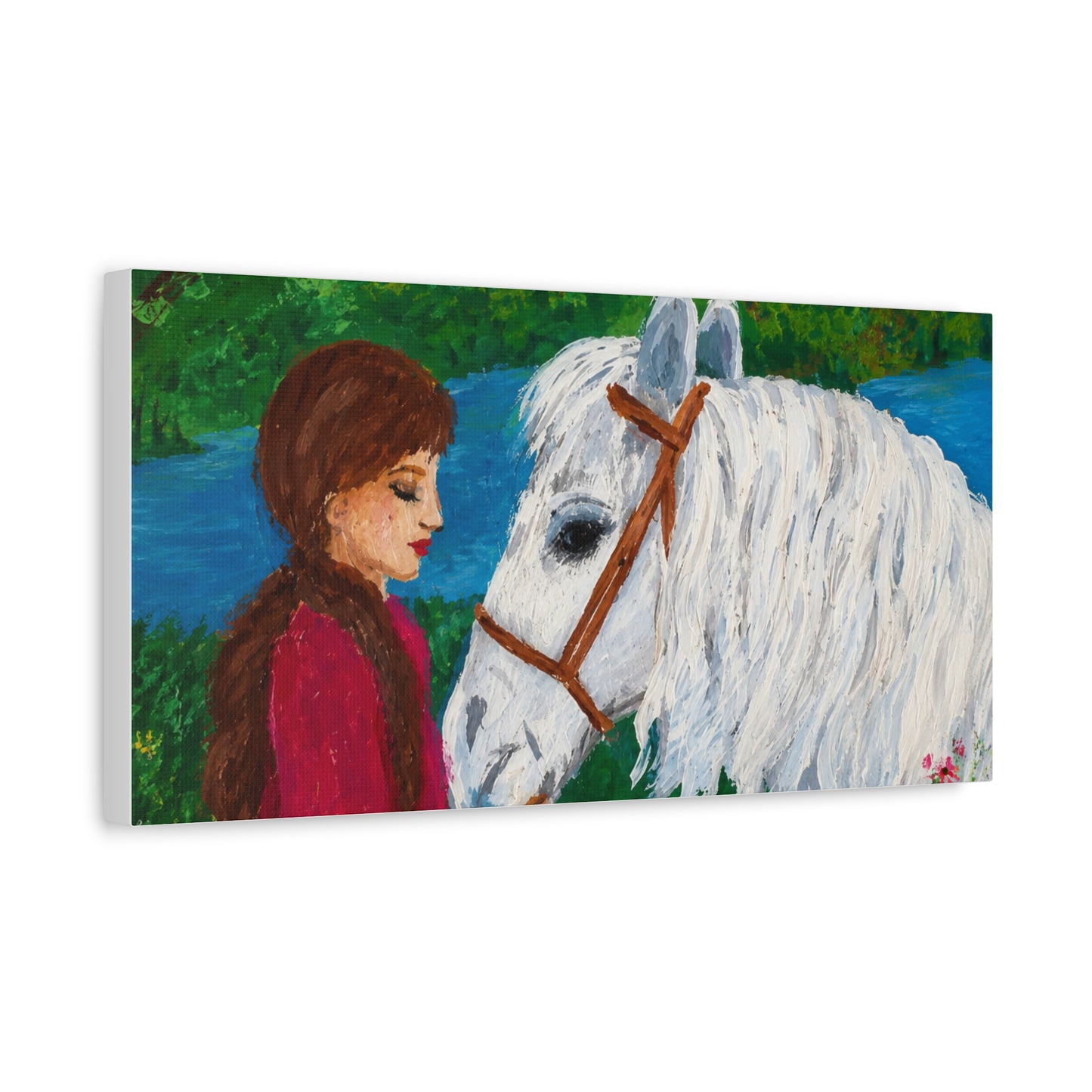 Serenity by the River — Woman with White Horse Stretched Wall Art